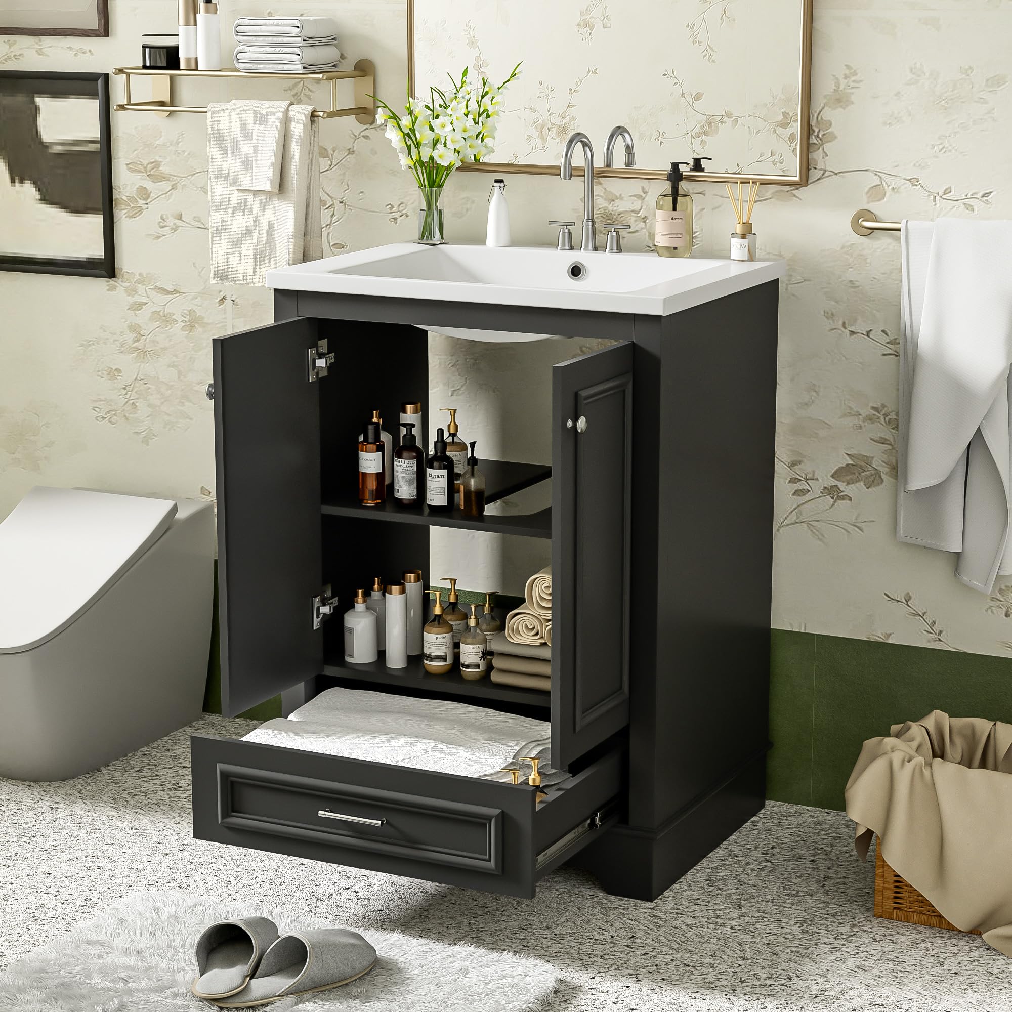 Favfurish 24" Bathroom Vanity with Ceramic Sink and 1 Drawer,Modern Freestanding Storage Cabinet w/Soft-Close Doors &amp; Silver Handles,Adjustable Shelf,Undermount Single Basin Vanity Set,Black