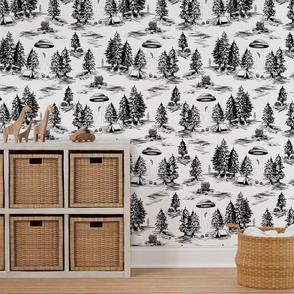 Spoonflower Removable Wallpaper 9ft x 2ft - UFO Whimsical Large Scale Black and White Space Alien Abduction Custom Pre-Pasted Wallpaper