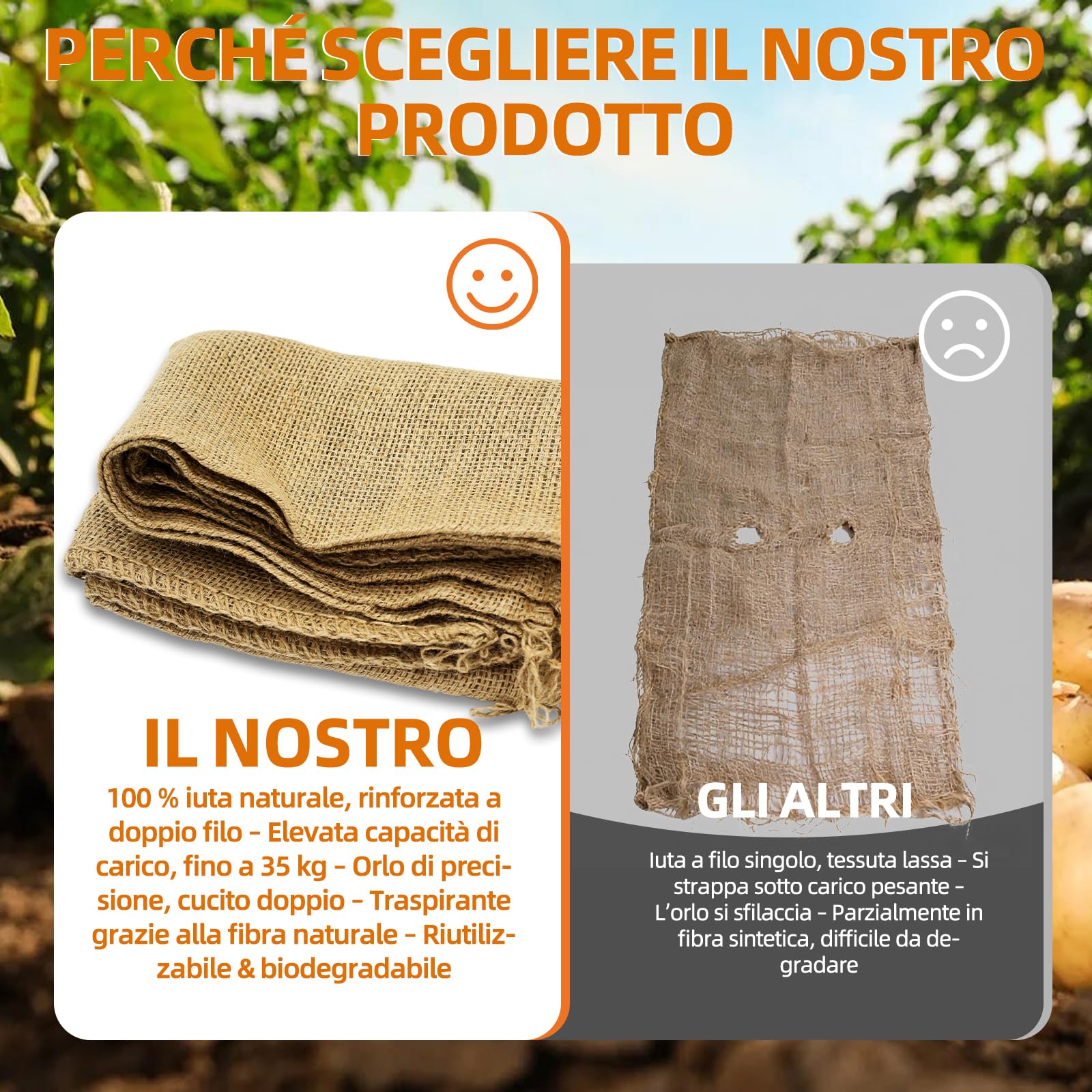Sacchi di iuta naturale, per patate, doppio ritorto, 60 x 40 cm, confezione da 5