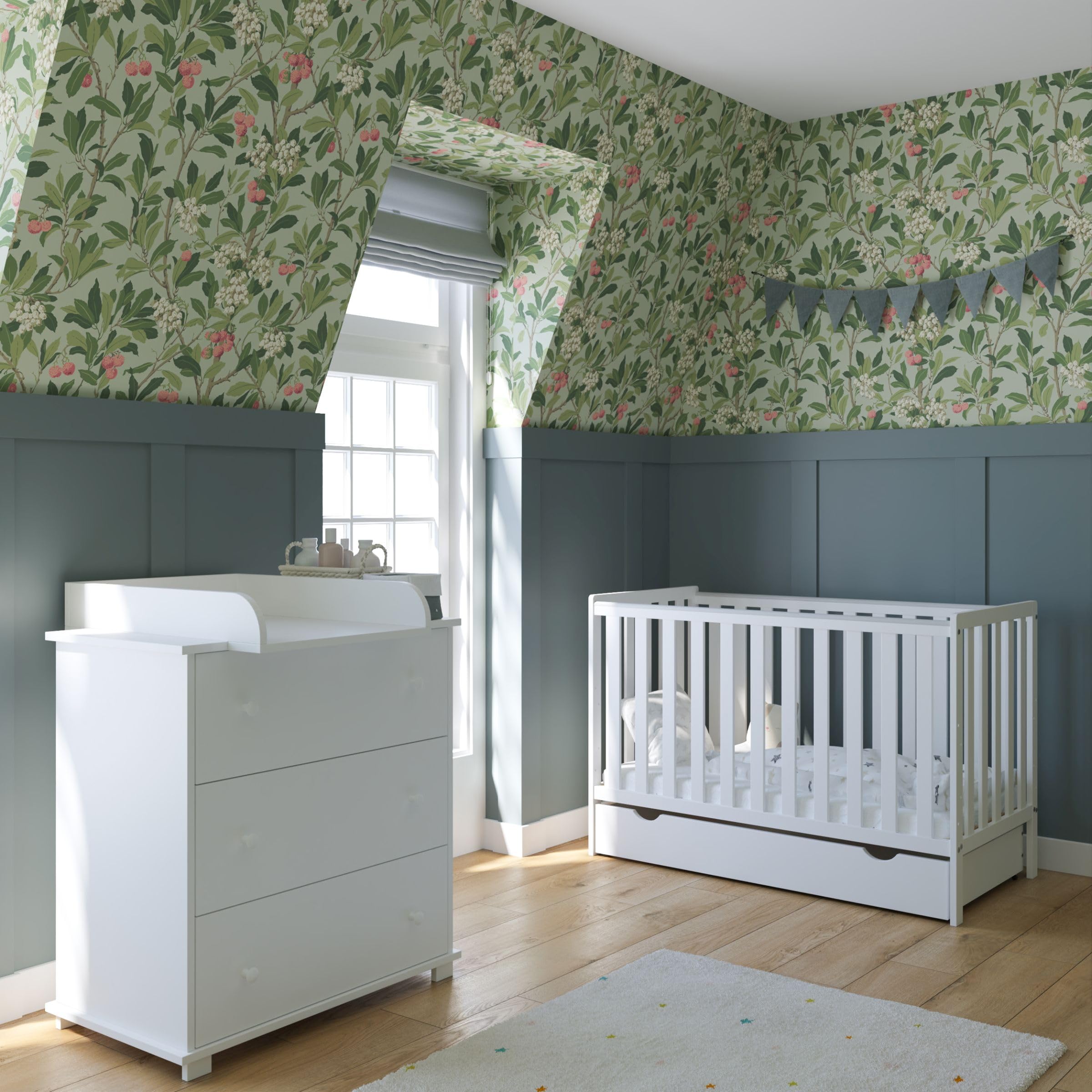 zee Bambi Cuna Bebé 120x60 cm Blanco Set con Cajón Y Barrera + Cómoda Cambiador Mueble Habitación Bebé Convertible En Cama Junior Cuna De Madera Resistente