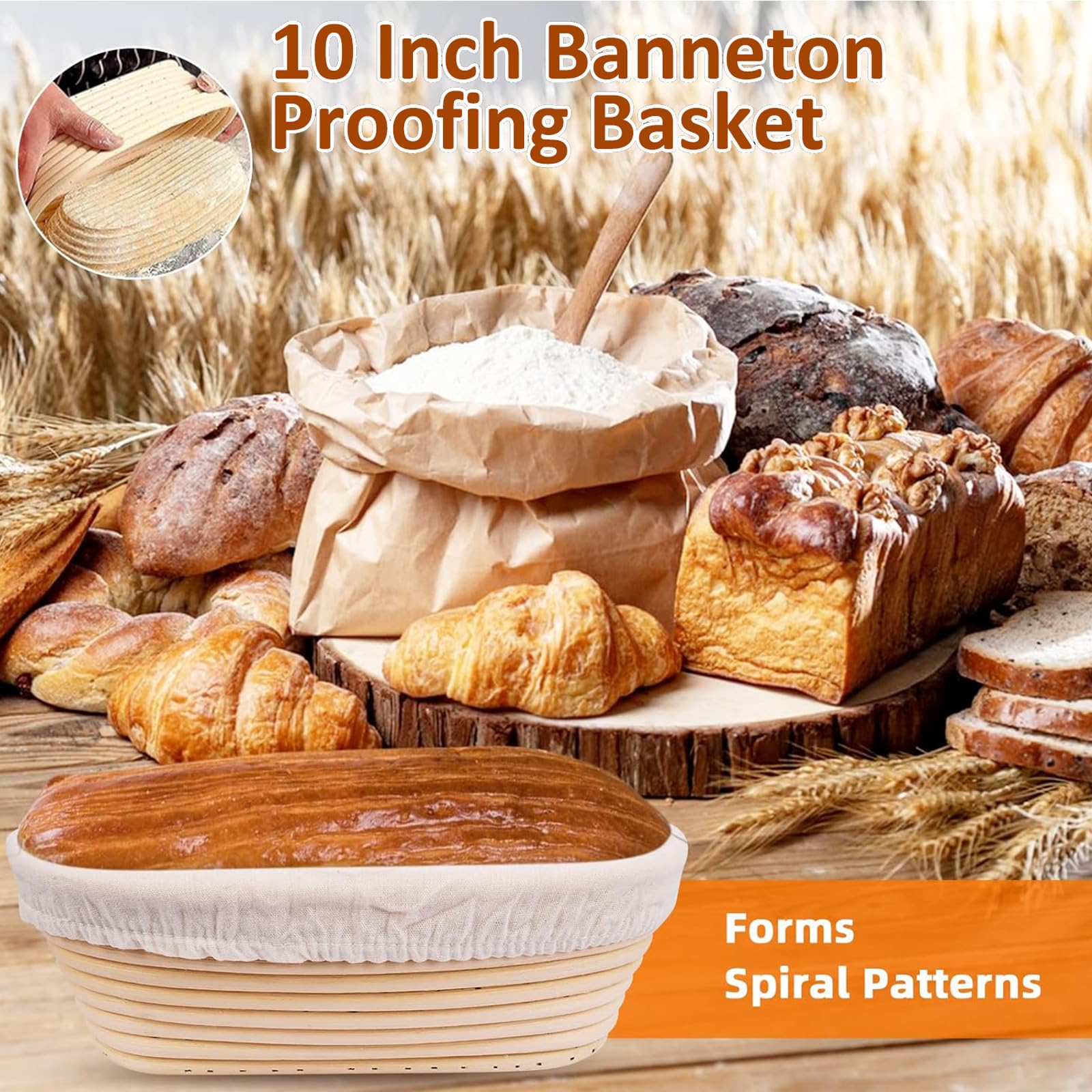 Gärkörbchen 10 Zoll, 7-teilig Sauerteig Brot Gärkorb Set, Sauerteig Starter Set Glas 700ml, 100% Natürlichem Rattan Gärkorb Brot Backzubehör für Brotback Anfänger & Profis