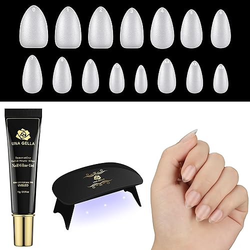 UNA GELLA Kit de uñas cortas con puntas de gel, kit de uñas de gel con pegamento de gel sólido de 0.5 fl oz, 300 uñas extra cortas mate con lámpara