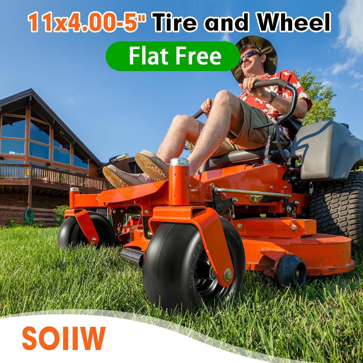 11x4.00-5" Lawn Mower Tire on Wheel Flat Free 2 PCS, 3/4" or 5/8" Bearing, Solid Mower Wheel for Residential and Commercial 3.4"-5" Centered Hub, Zero Turn Mower Front Tires