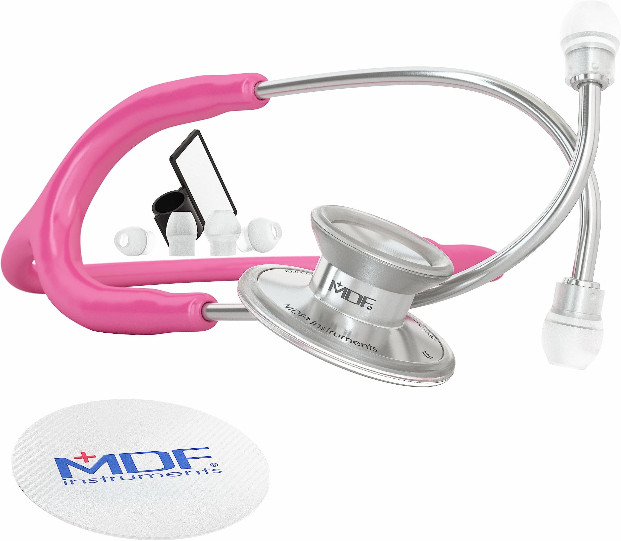 Acoustica Lightweight Stethoscope for Doctors, Nurses, Students, Home Health Use, Adult, Dual Head, Fuchsia Tube, Silver Chestpiece-Headset, MDF747XP32