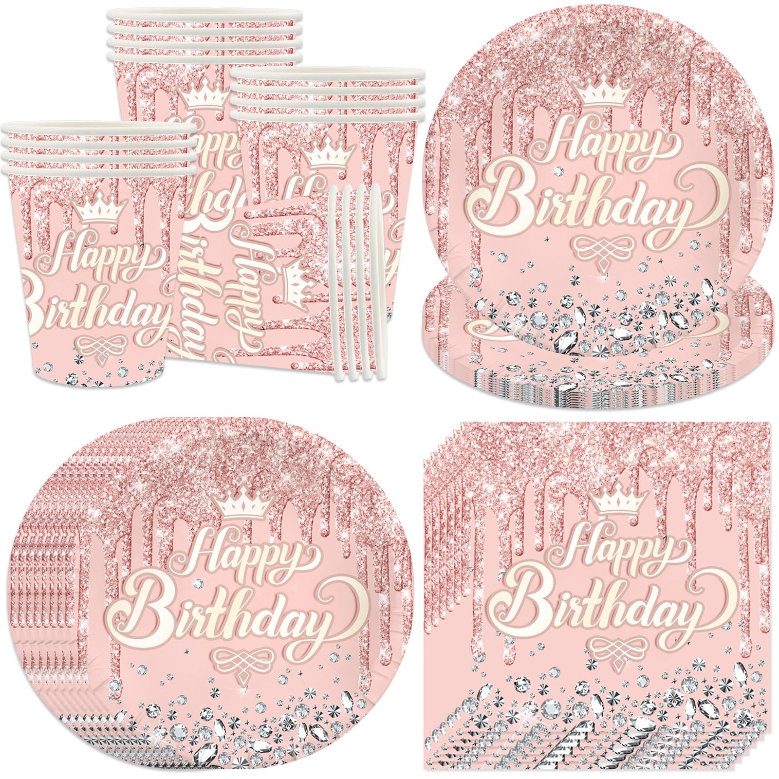 Bikasun Roségold Partygeschirr Set, 16 Gäste Rosegold Geburtstag Geschirr, Kindergeburtstag Teller Becher Servietten Pappteller Party Deko Mädchen, Tischdekoration für Hochzeitsfeiern
