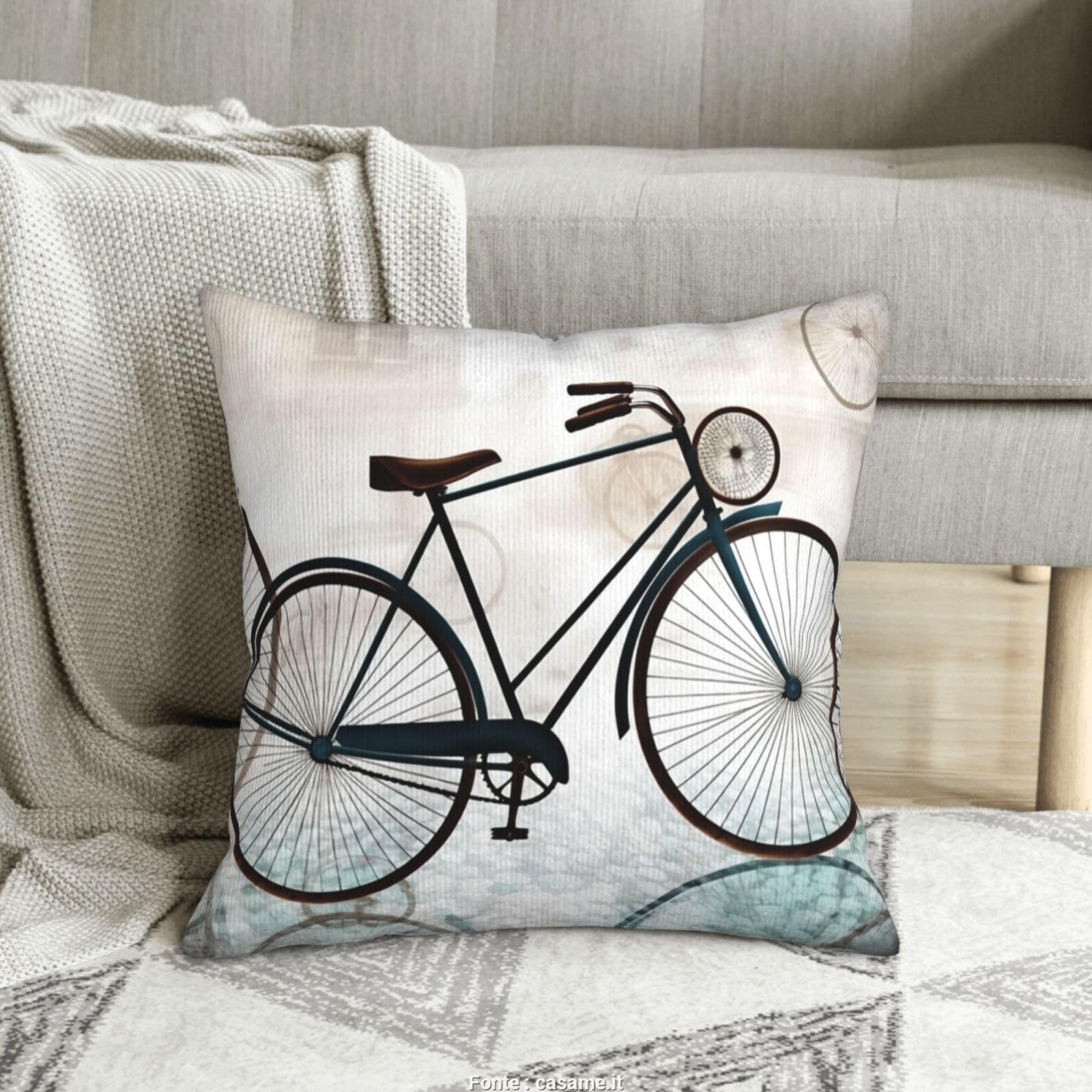 Housse de coussin velours côtelé 45x45 cm avec motif vélo rétro pour déco canapé salon
