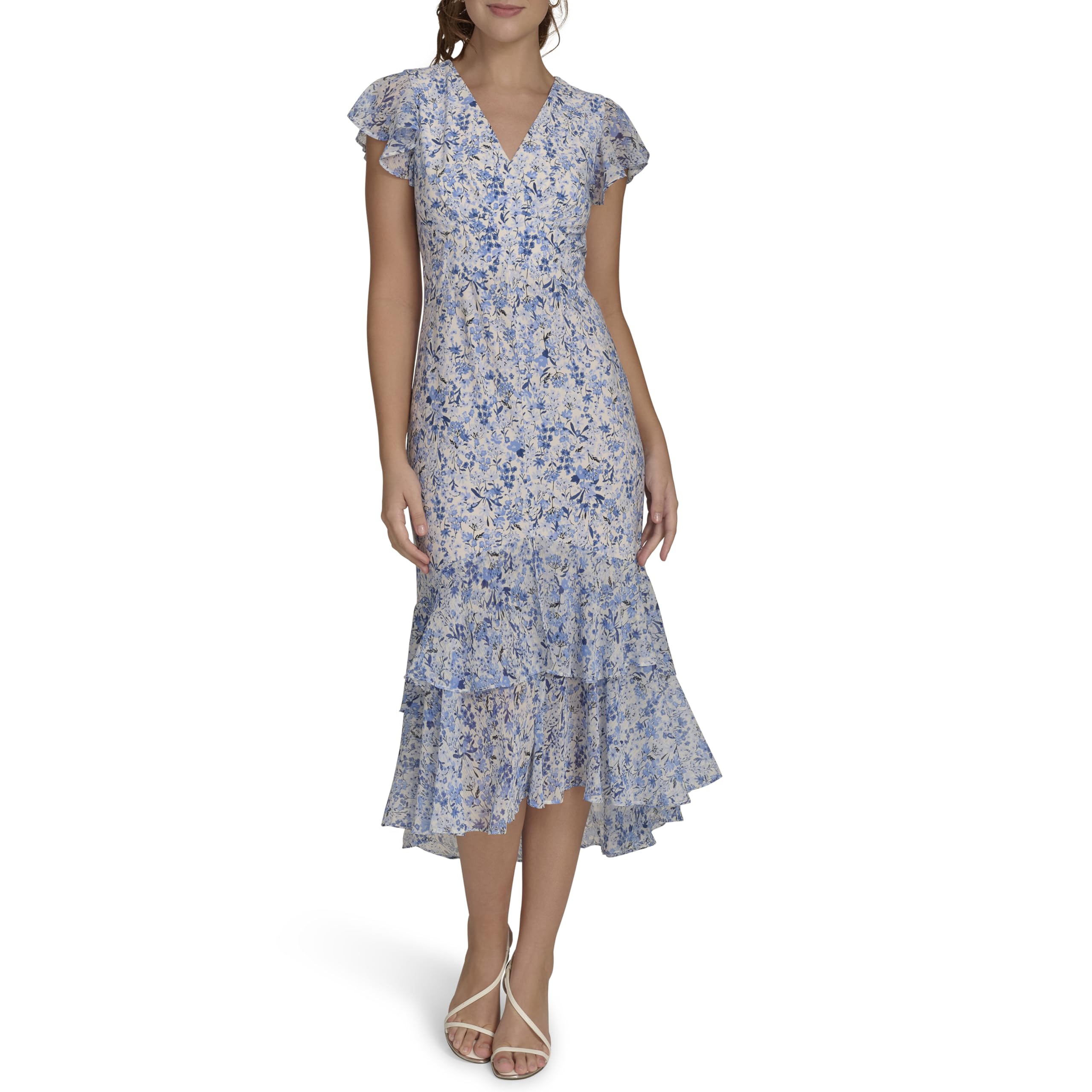 Tommy Hilfiger Women's Flutter Sleeve V-Neck Ruffle Trim Chiffon Hi Lo Dress