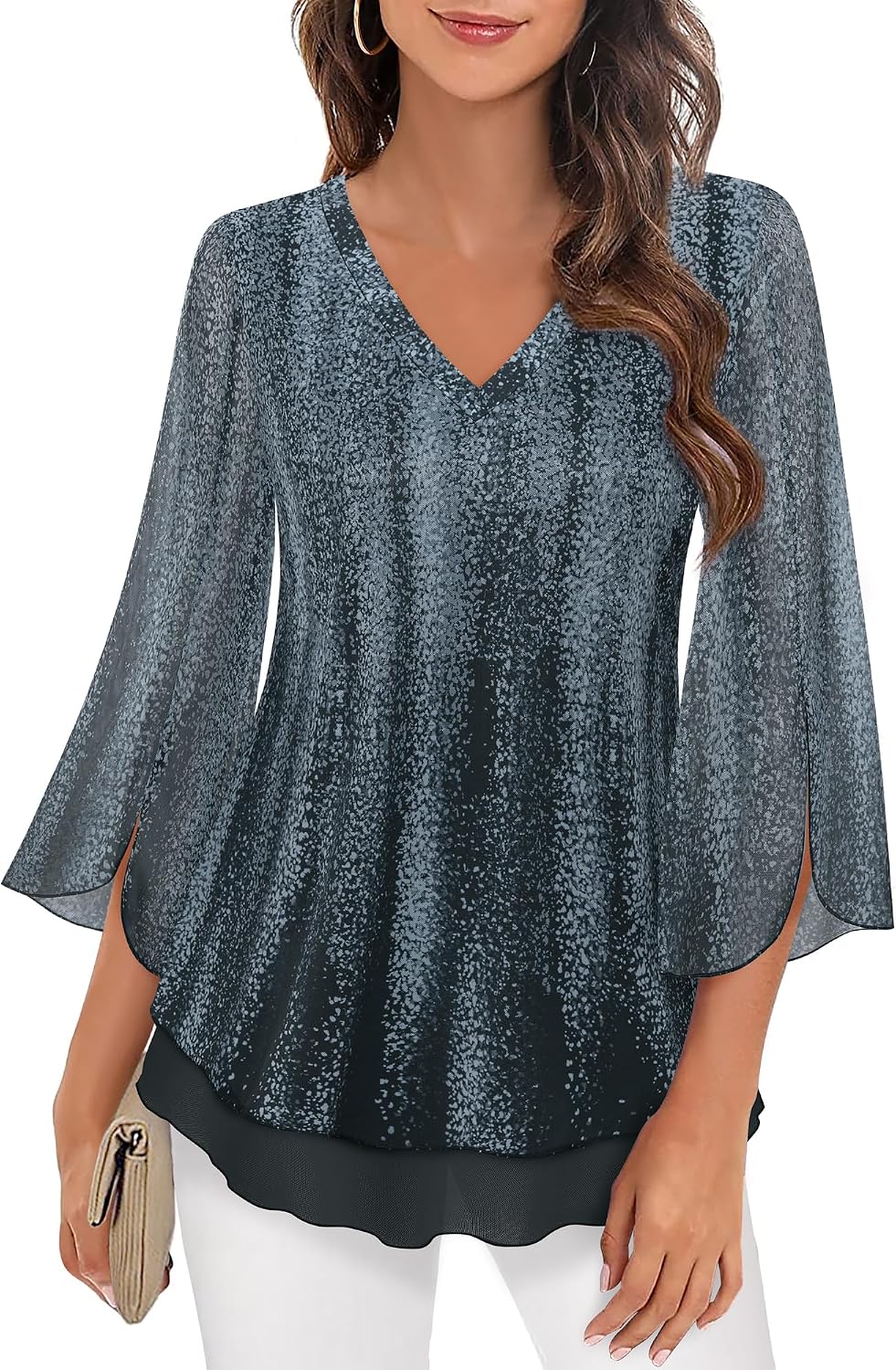 Timeson Women's 3/4 Sleeve Floral Blouses Shirts Double Layers V Neck Dressy Tunics Tops