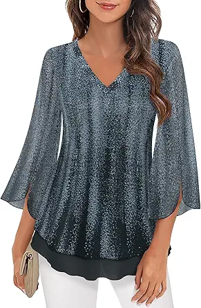 Timeson Women's 3/4 Sleeve Floral Blouses Shirts Double Layers V Neck Dressy Tunics Tops