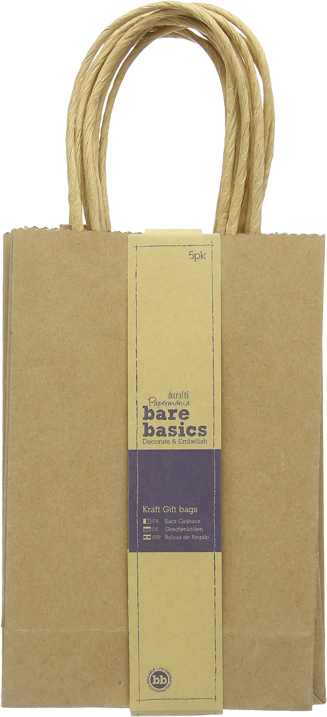 docrafts Papermania Bare Basics Pack of 5 Kraft Gift Bags, Small