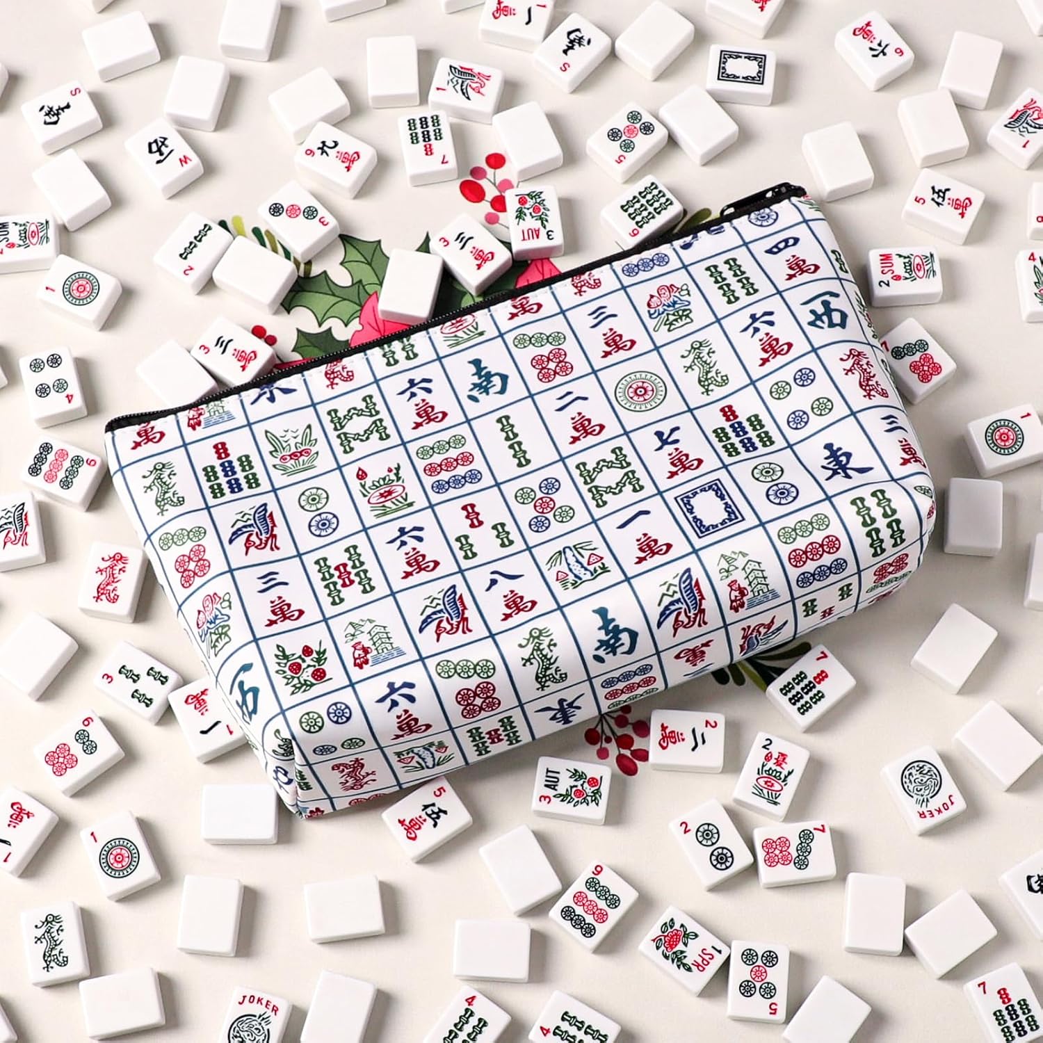 TIASUSAN American Mahjong Empty Bag - White Printed Mahjong Tile Bag (13x7 Inches,Only Case)