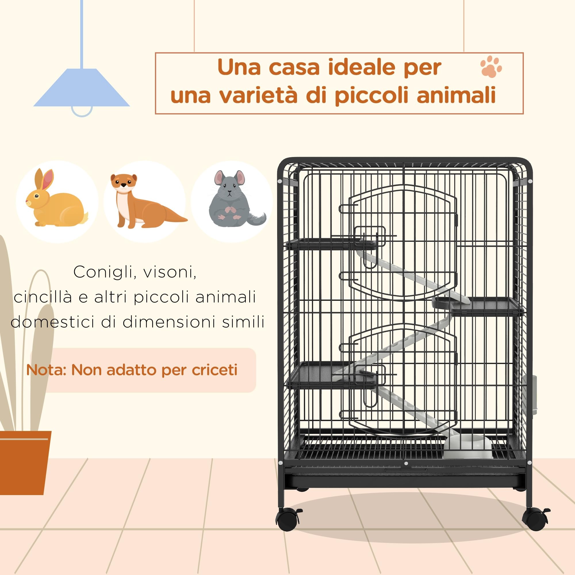 PawHut Gabbia per Piccoli Animali e Piccoli Roditori con Ruote, Gabbietta per Conigli e Cincillà con 3 Rampe e 3 Piattaforme, Ciotola e Bottiglia, 61.5x44x95 cm, Nero