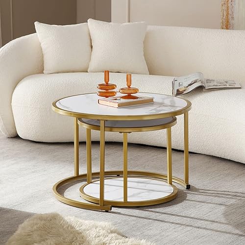 Miniatura 32 de Juego de 2 mesas auxiliares apilables rústicas, modernas mesas auxiliares redondas de madera con patrón de mármol para sala de estar, dormitorio,