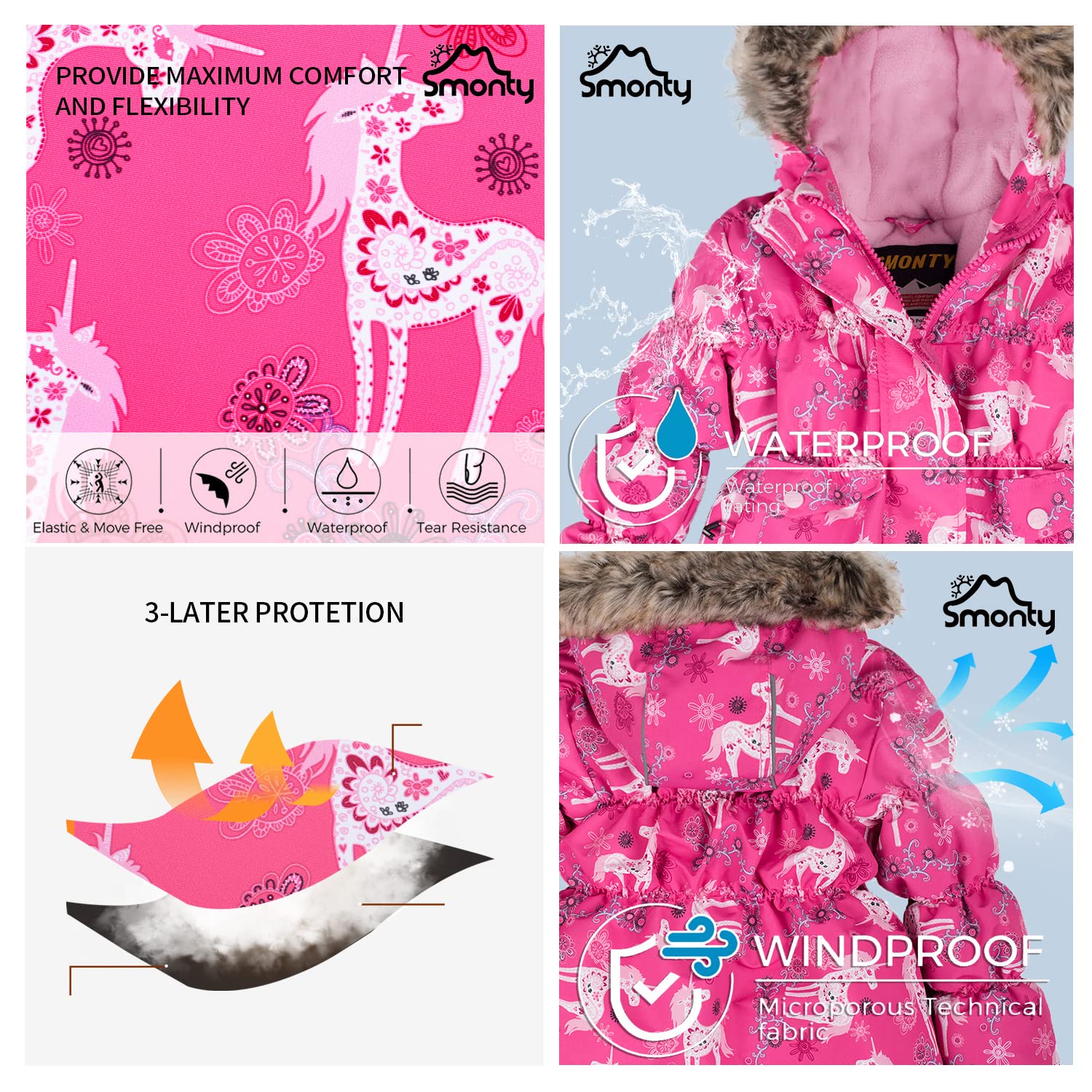 SMONTY Traje de nieve para niños para niñas Conjunto de chaqueta y pantalones de esquí de invierno Conjunto de correas con capucha A prueba de viento Impermeable Cálido (3-4, Rosa)
