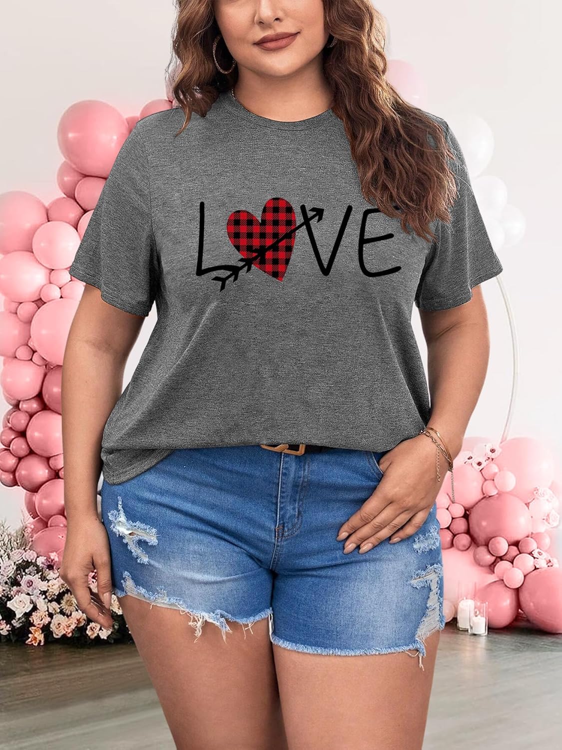 HDLTE Womens Plus Size Valentines Shirts Love Heart Graphic Print Short Sleeve Tops Casual Tees Blouse - Image 2