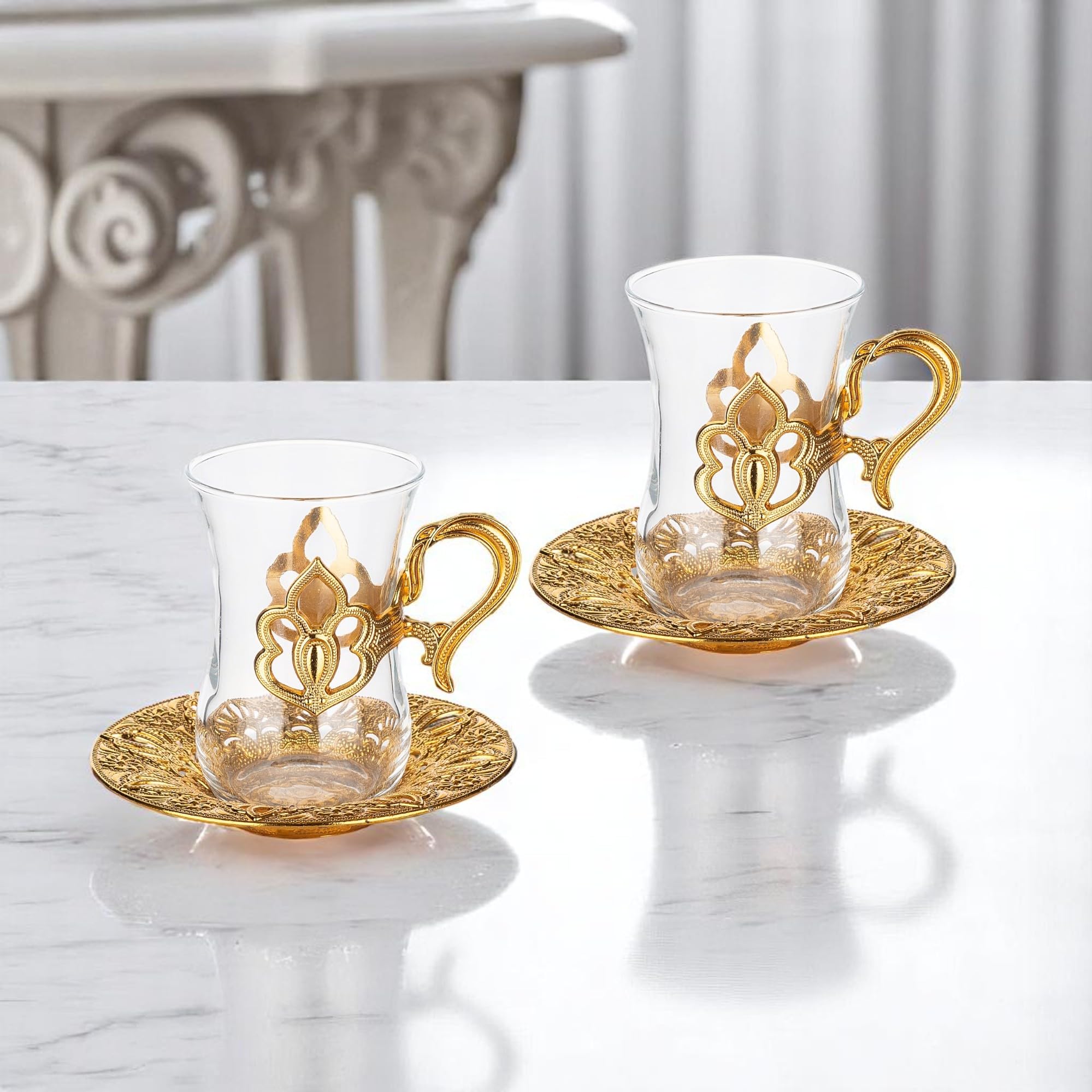Alisveristime Türkisches Teeservice mit 2 Glasbechern, 100 ml (Gold)