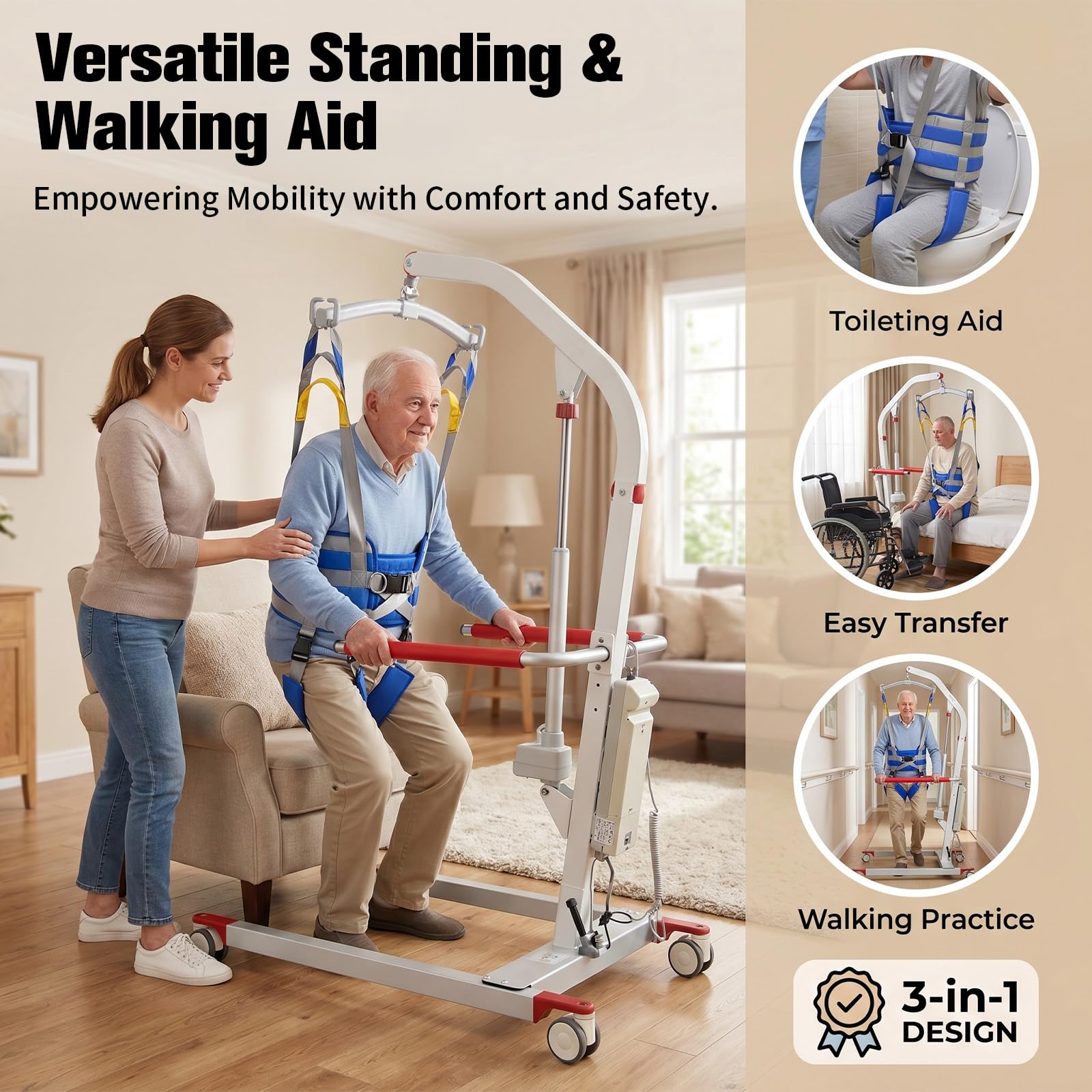 Patientenlifter Hebegurt für Aufstehhilfe — Universal Patienten Transfergurt mit 4-Stufiger Höhenverstellung für Mobilitätshilfen und Stehassistent mit Rücken- und Oberschenkelstütze bis 230 kg