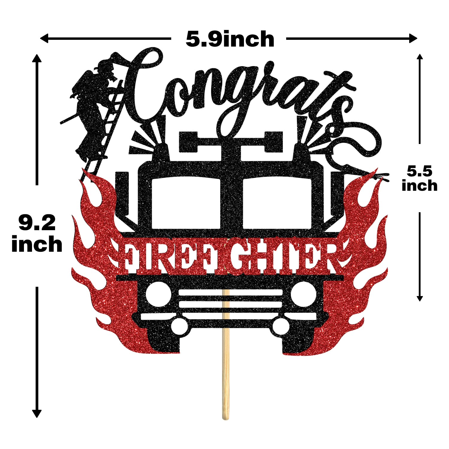 Congrats Firefighter Cake Topper, Congrats Grad/Future Fireman, Fire Academy Graduation Party Decoration Supplies, Black and Red Glitter