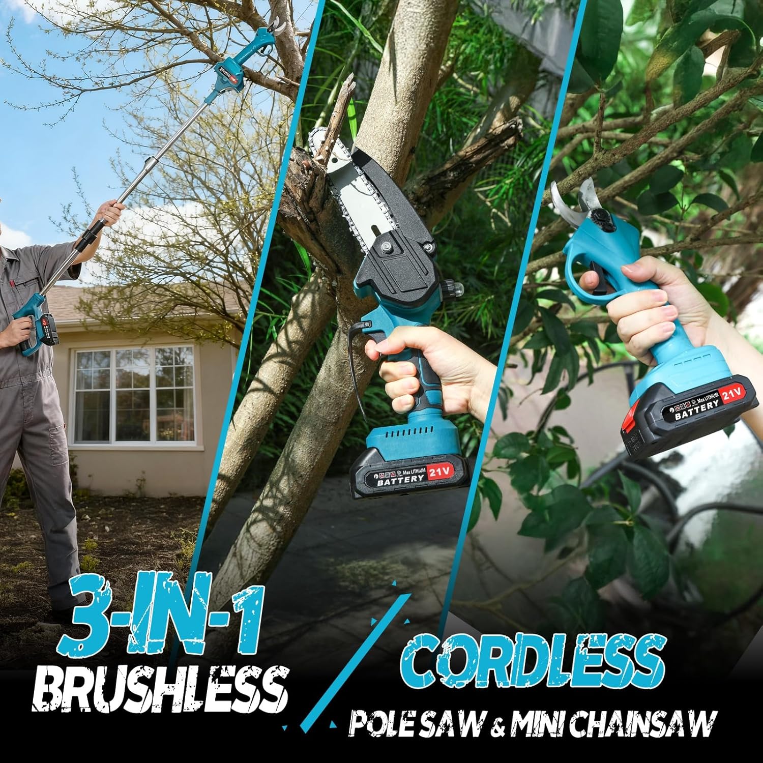 3-IN-1 Cordless Pole Chainsaw & Electric Pruning Shears Kit, Electric Chain Saw With 2x21V 1500mAh Battery Charger, Extension Pole For High Branches Trimming Tree Pruning Garden Yard Wood Blue