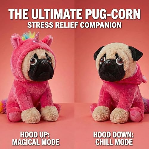Miniatura 8 de Lindo perro de peluche Pug vestido de unicornio rosa intenso, juguete de peluche suave para cachorro con cuerno de chispa melena y cola de arcoíris,