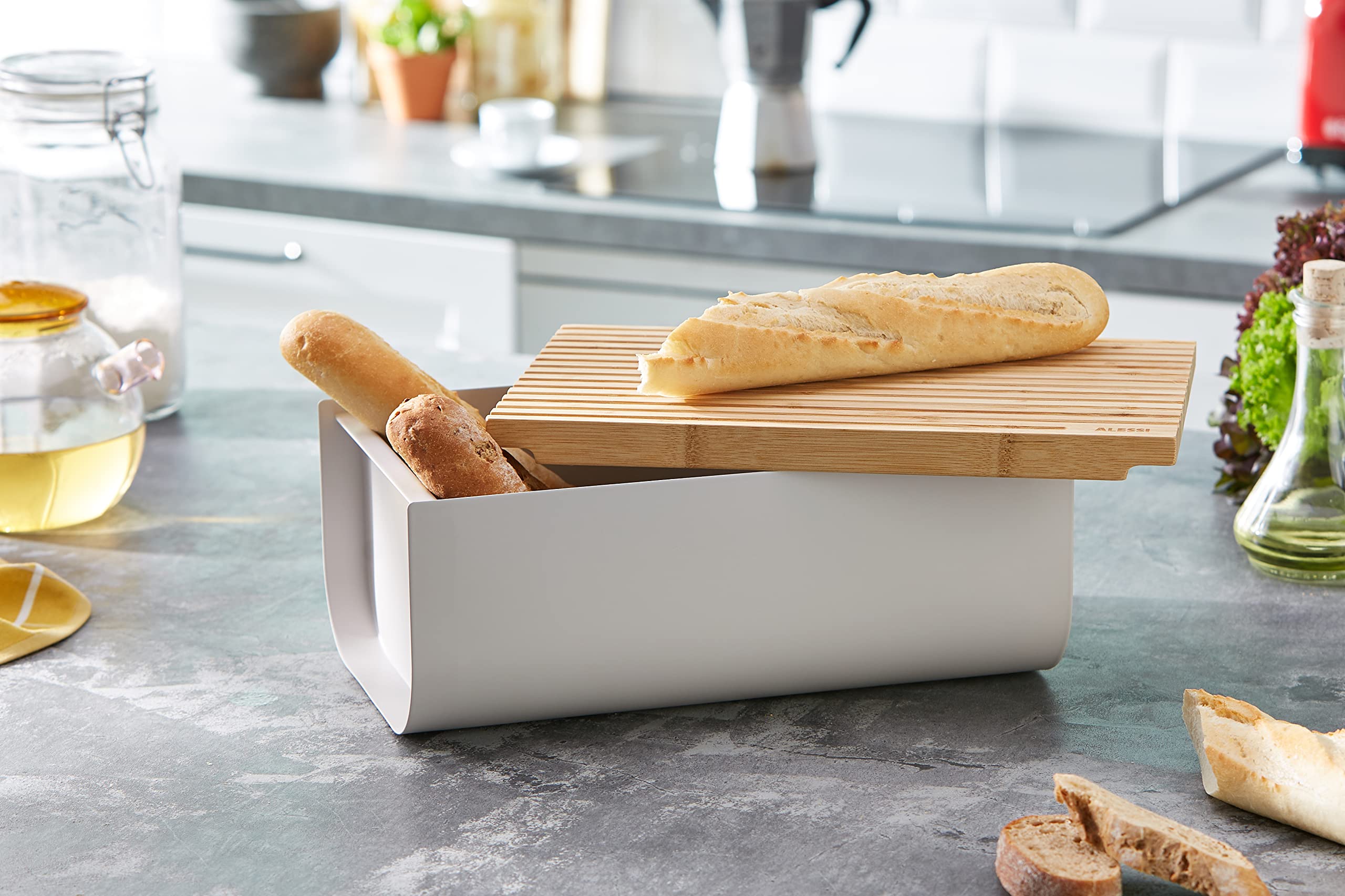Alessi Mattina BG03 WG - Brotkasten aus Edelstahlstahl mit Epixidharz und Bambusholz, Warm Grey
