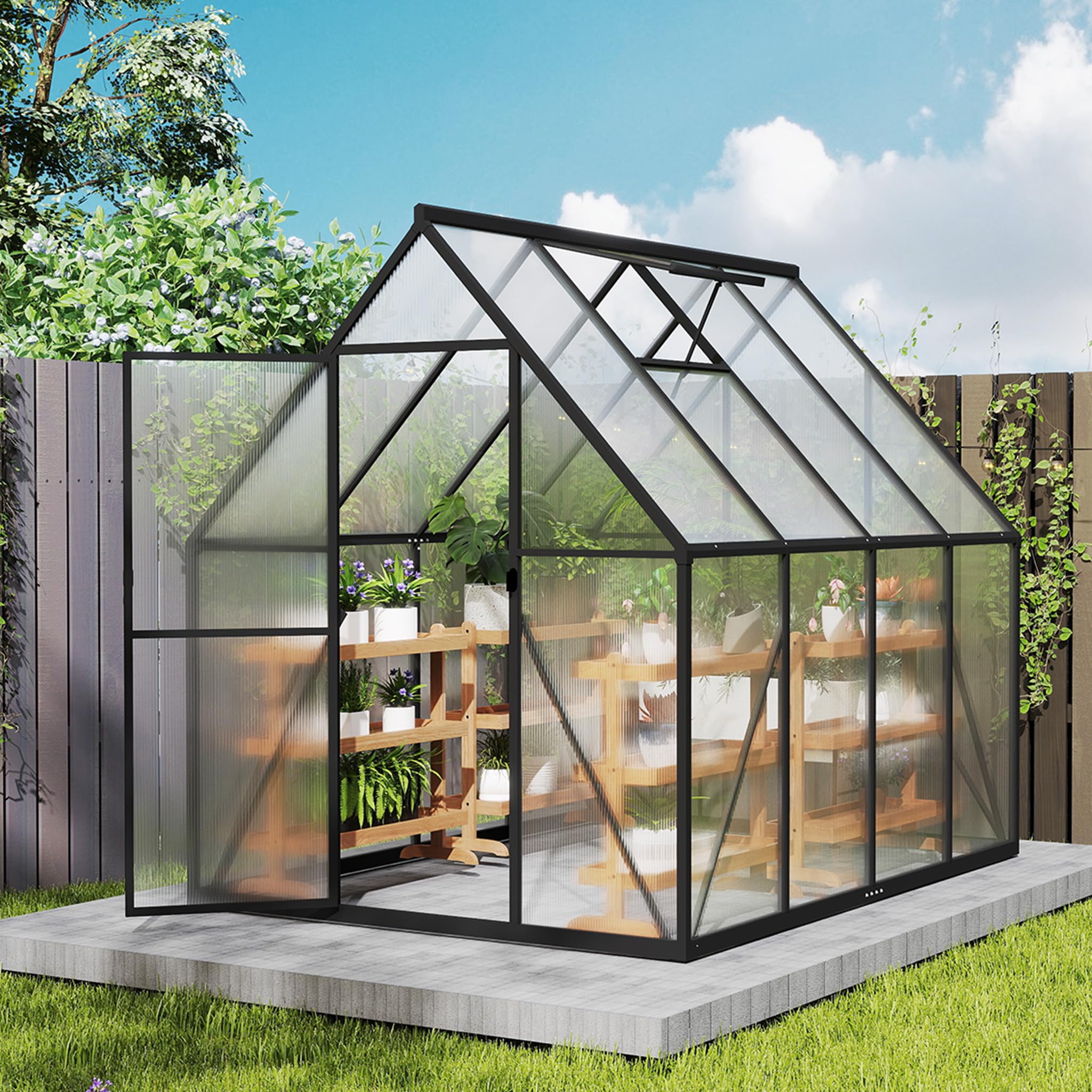 Gewächshaus mit Fundament 230x180x195 cm Tomatenhaus Treibhaus Gartengewächshaus Aluminium mit Schiebetür und Dachfenster - Stabil, Winterfest, UV-beständig