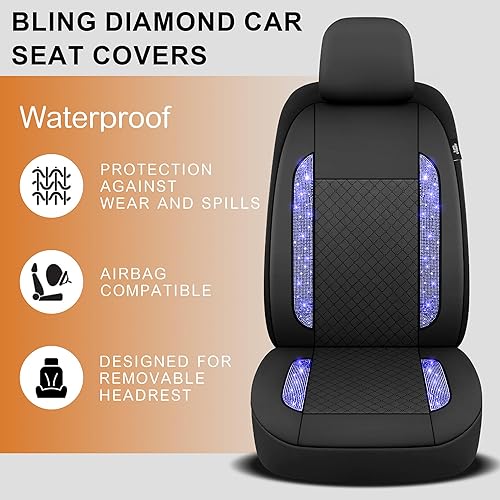 Miniatura 7 de CAROMOP Juego completo de fundas de asiento de automóvil de cuero con patrón de diamantes brillantes, fundas de asiento de ajuste universal para