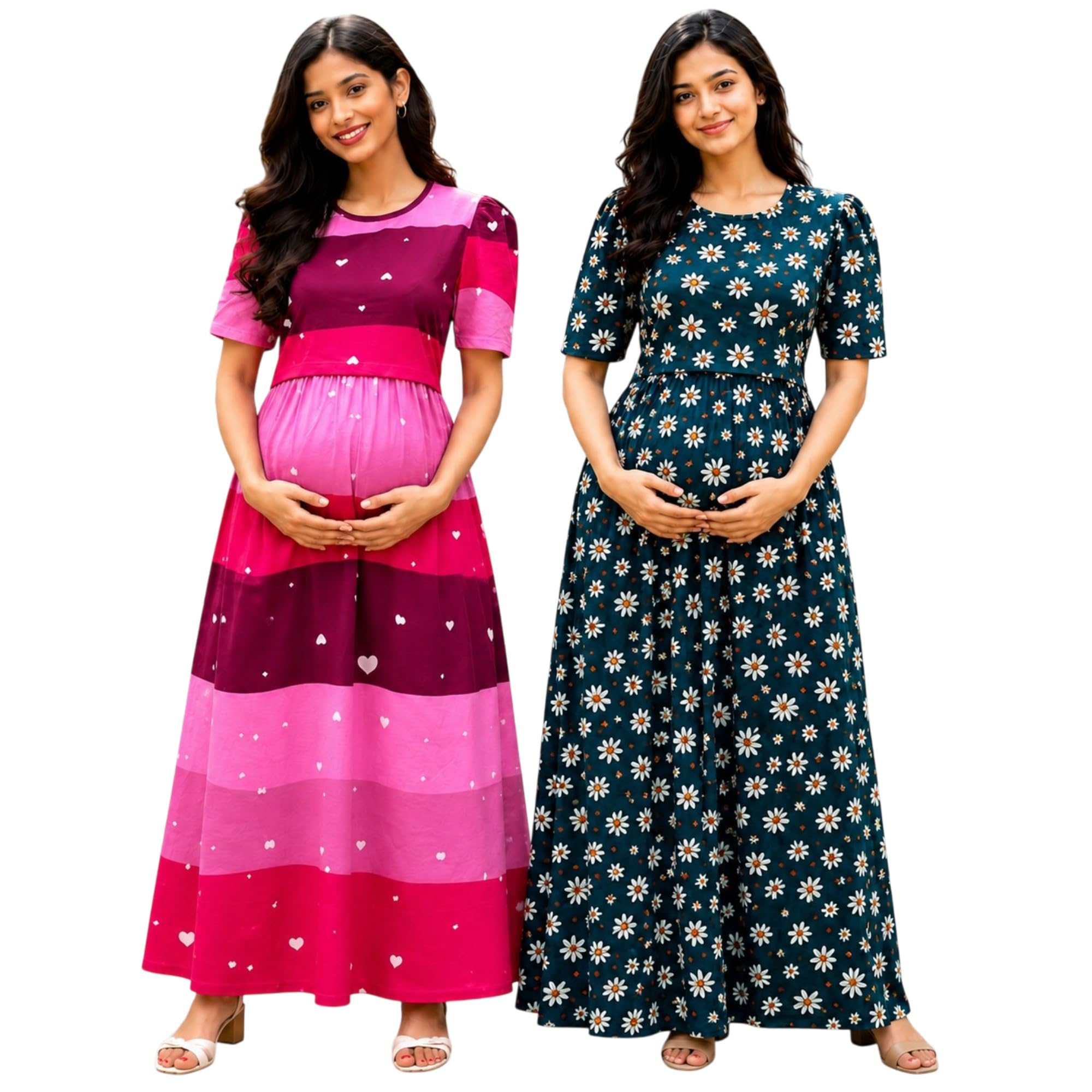 RENIS.Store Women's 100% Cotton Zipless Feeding Maternity Nighty Pack of 2 | Pull Up Nursing Night Dress, Feeding Wear Back Tie with Side Pocket | Pink Color & Green | Size - XL-image-43
