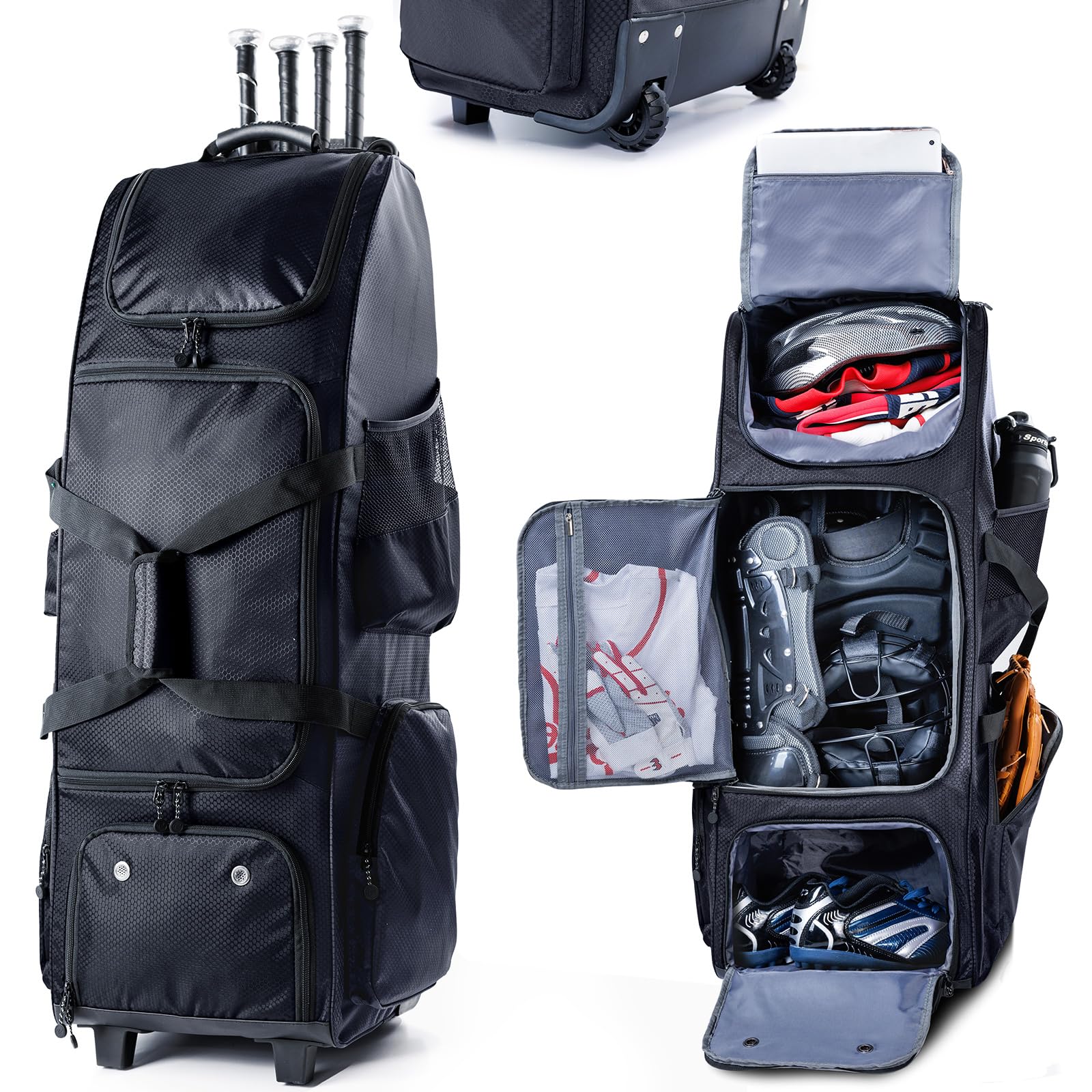 Baseballtasche mit Rollen, separatem Schuhfach und Zaunhaken, große Softball-Tasche für T-Ball, Teamausrüstung, Seesack, Catcher Gear Bag für Jungen 8–12, Jugendliche, Erwachsene