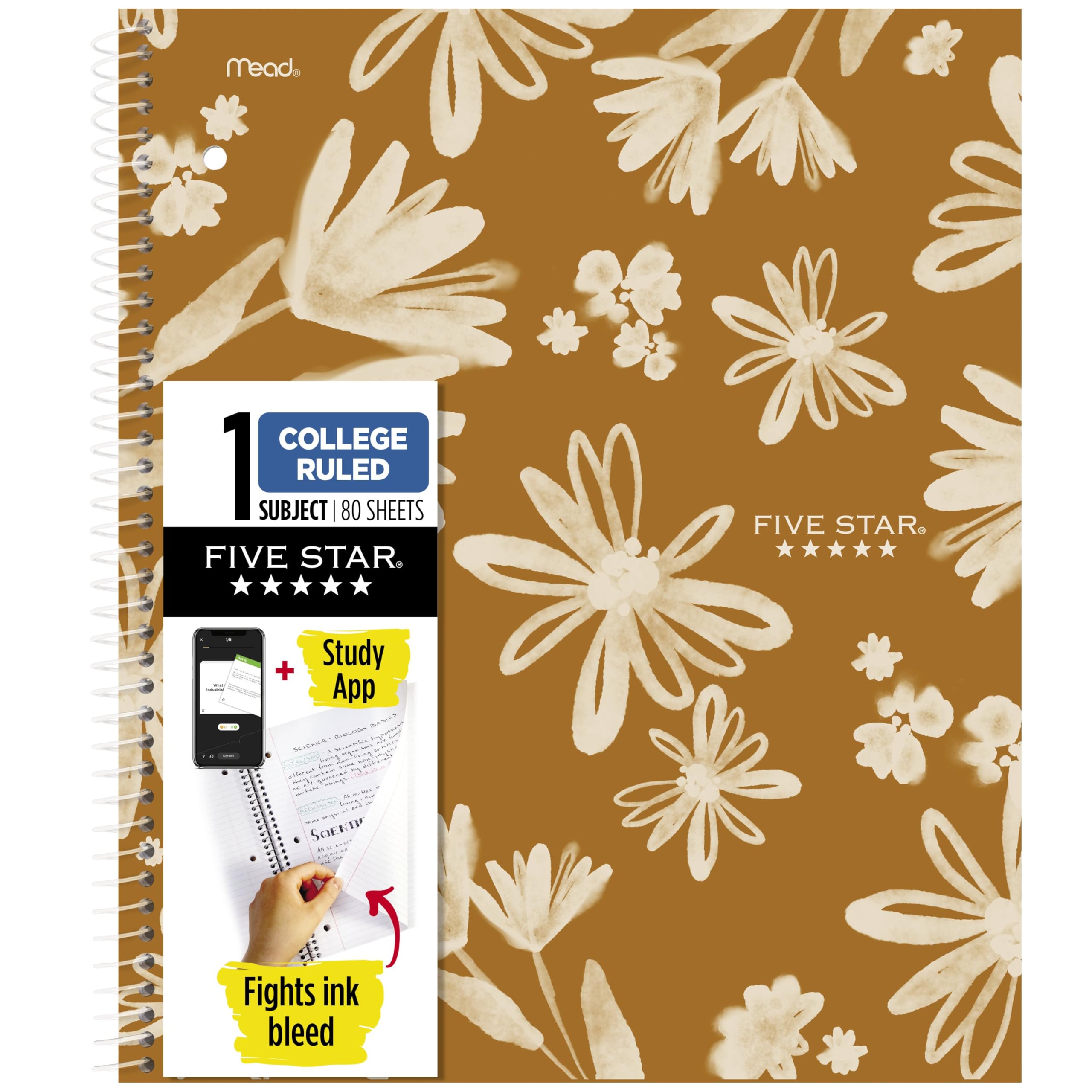 Five Star Spiral Notebook + Study App, 1 Subject, College Ruled Paper, 8-1/2" x 11", 80 Sheets, Fights Ink Bleed, Water Resistant Cover, Soft Petals Harvest (820442F-ECM)