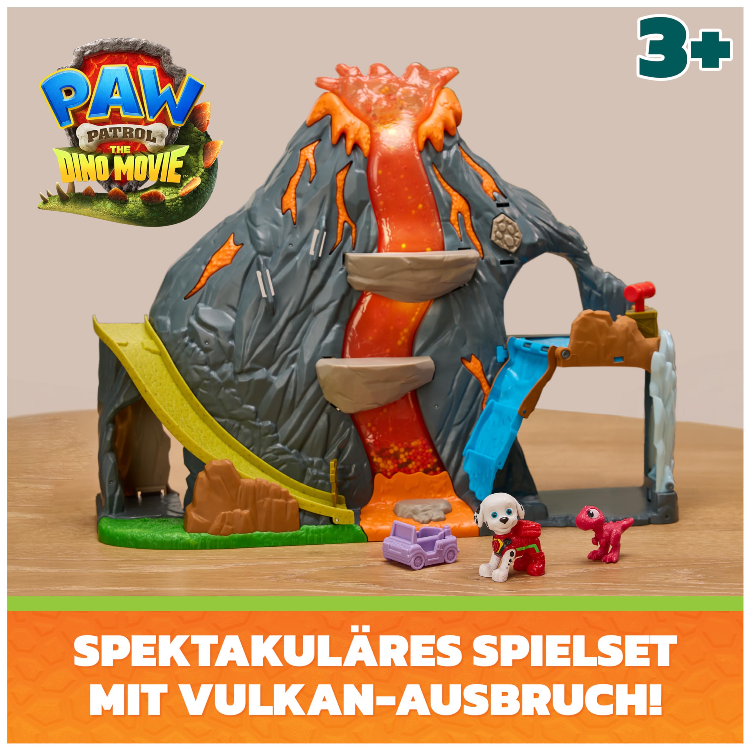 PAW PATROL: Der Dino Film Super-Lava-Blast Vulkan-Spielset, ab 3 Jahren | 360° bespielbar | Marshall- & Rhabarber-Figur | Licht & Sound | Multisensorisches Spiel | Vulkan-Ausbruch-Simulation