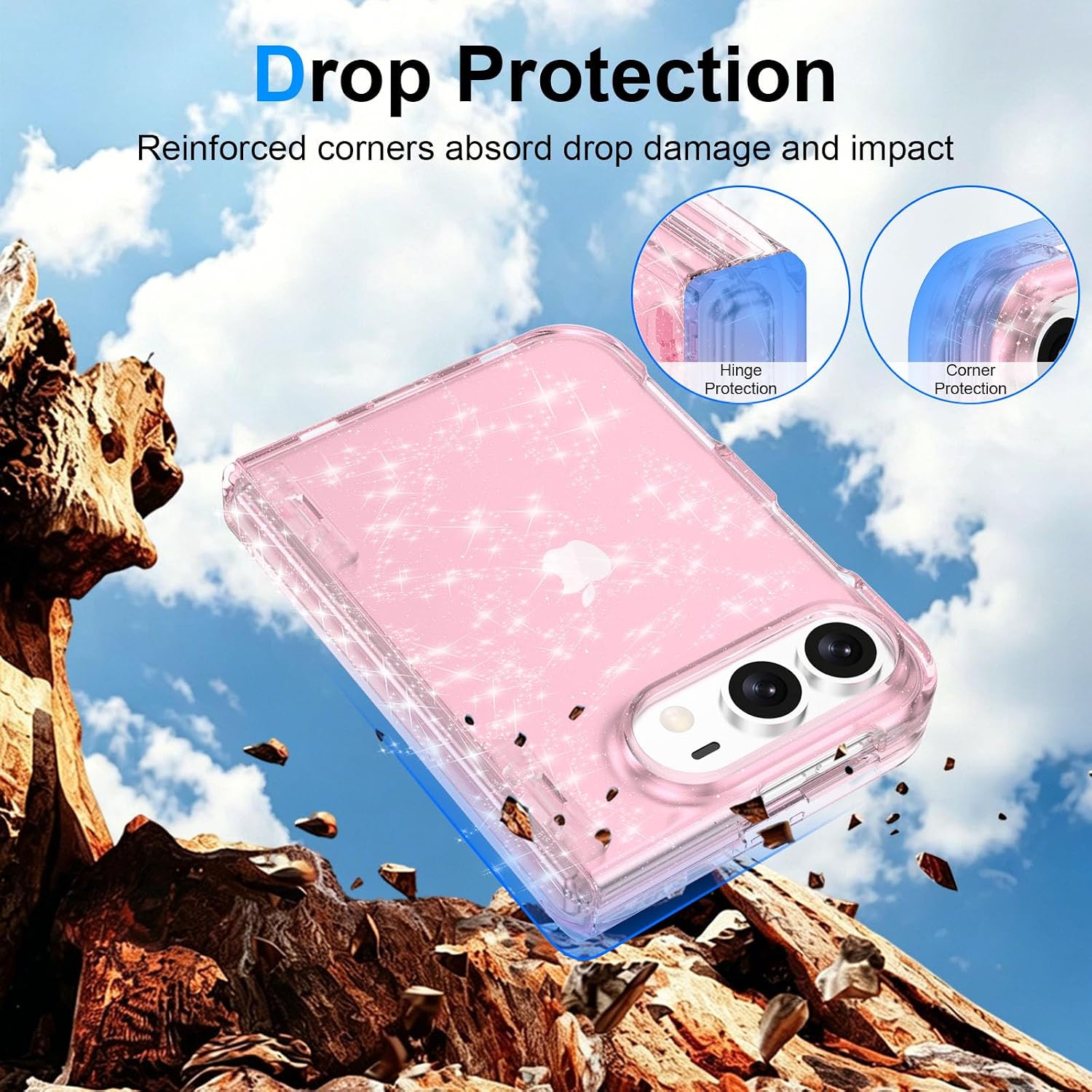 For iPhone Duo Case Clear Sparkle with Hinge Protection Pink Glitter