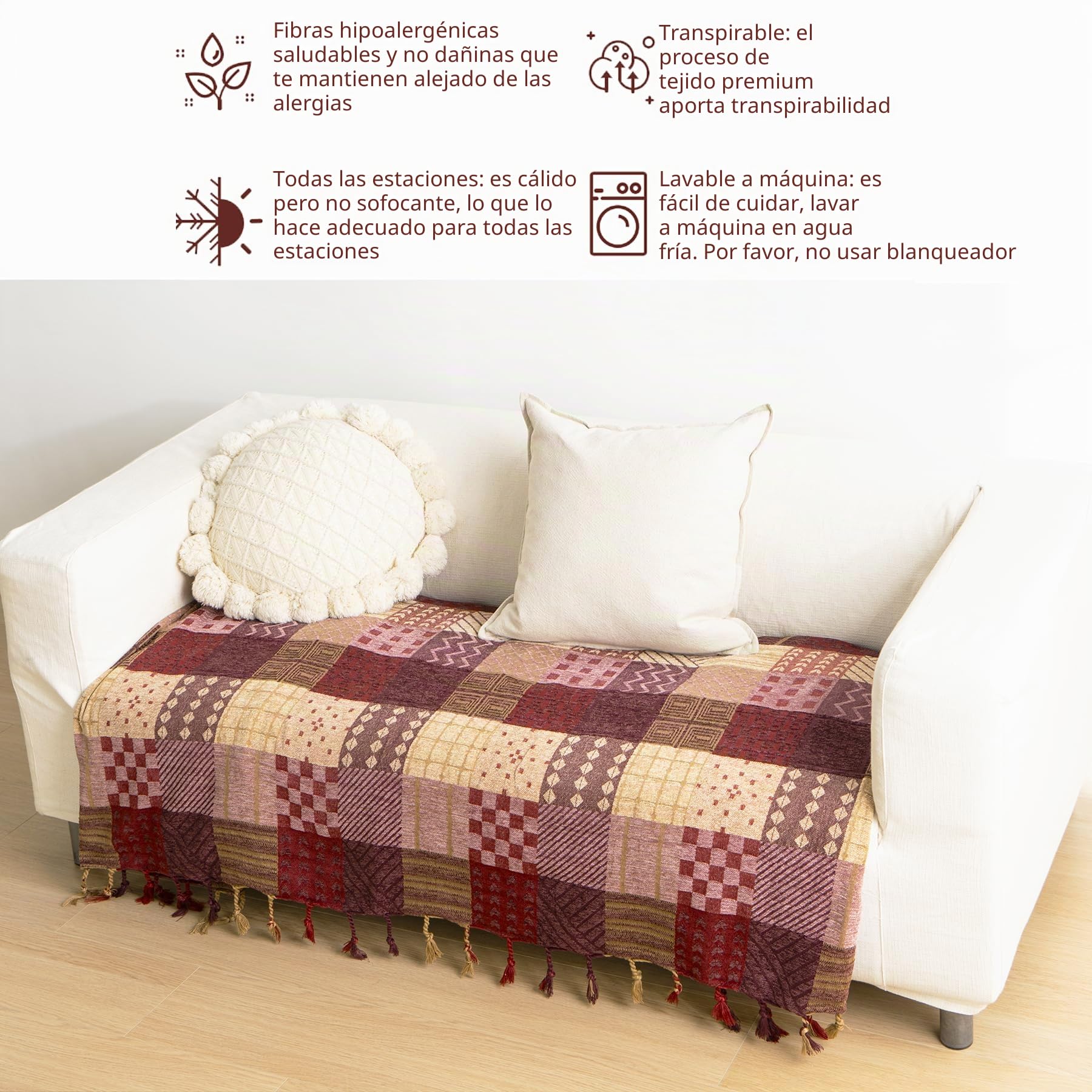 VANJOROY Manta grande de patchwork de estilo bohemio con borlas para sofá de 2 y 3 plazas, 100 % chenilla, suave, multifuncional, para sofá, colcha, alfombra y cama (150 x 190 cm)