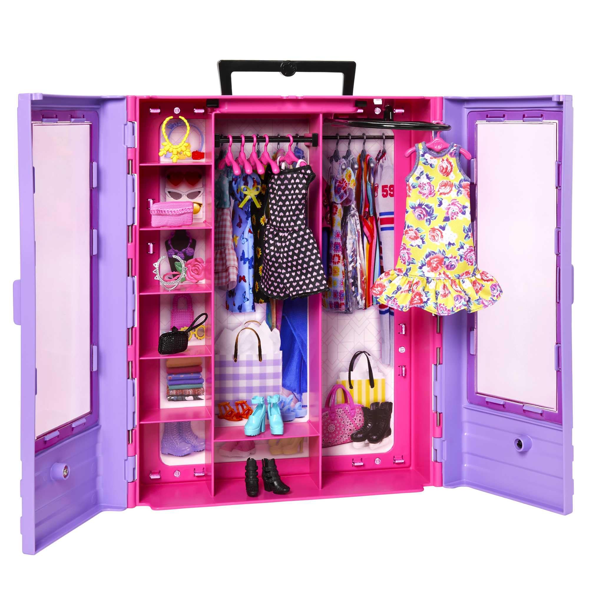 Barbie Fashionistas ultimativer Kleiderschrank, tragbares Modespielzeug mit Puppe, Kleidung, Accessoires und Kleiderbügeln, Geschenk für Kinder ab 3 Jahren, HJL66