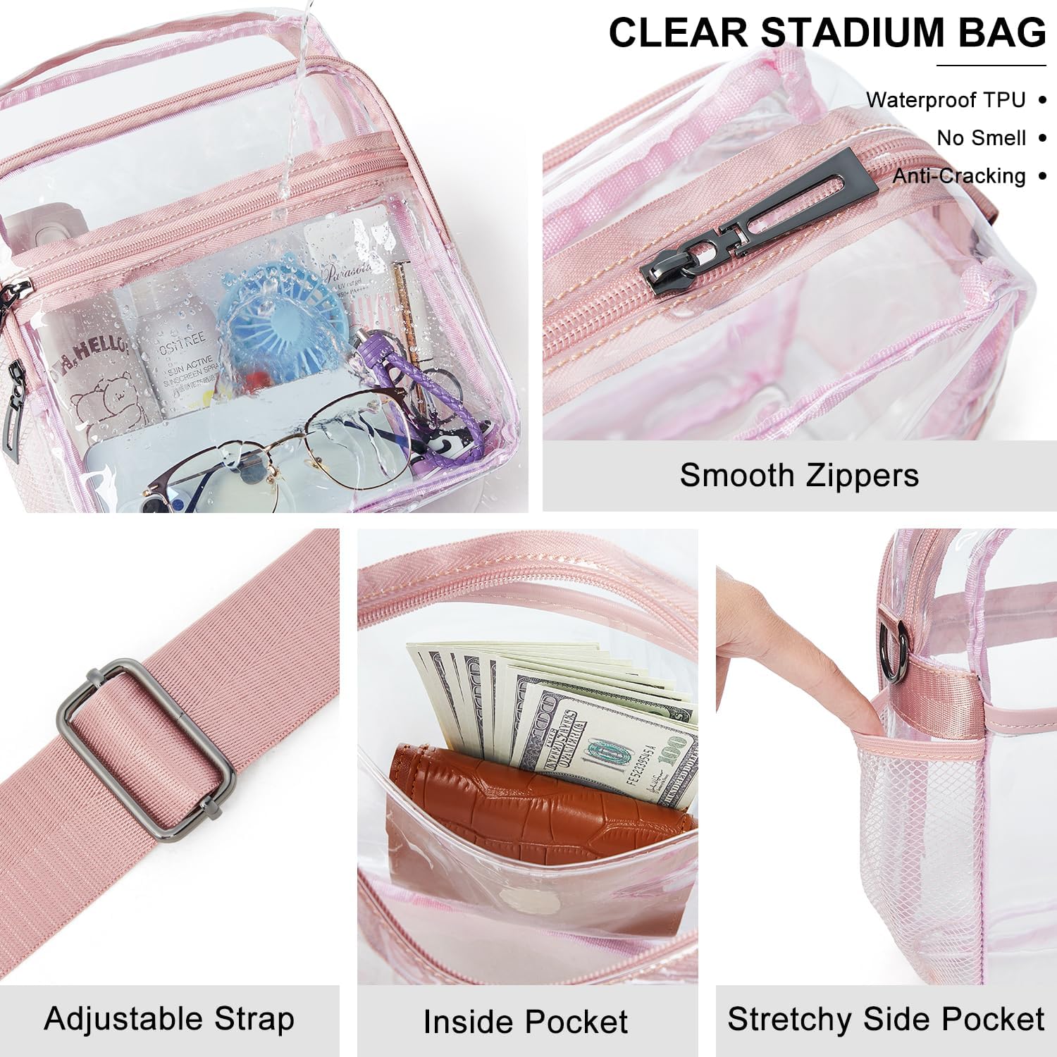 Clear Bag for Stadium Events 12x6x12 Clear Purse with 3-Zipper Pockets Crossbody Handbag Tote for Concerts Sports - Image 5