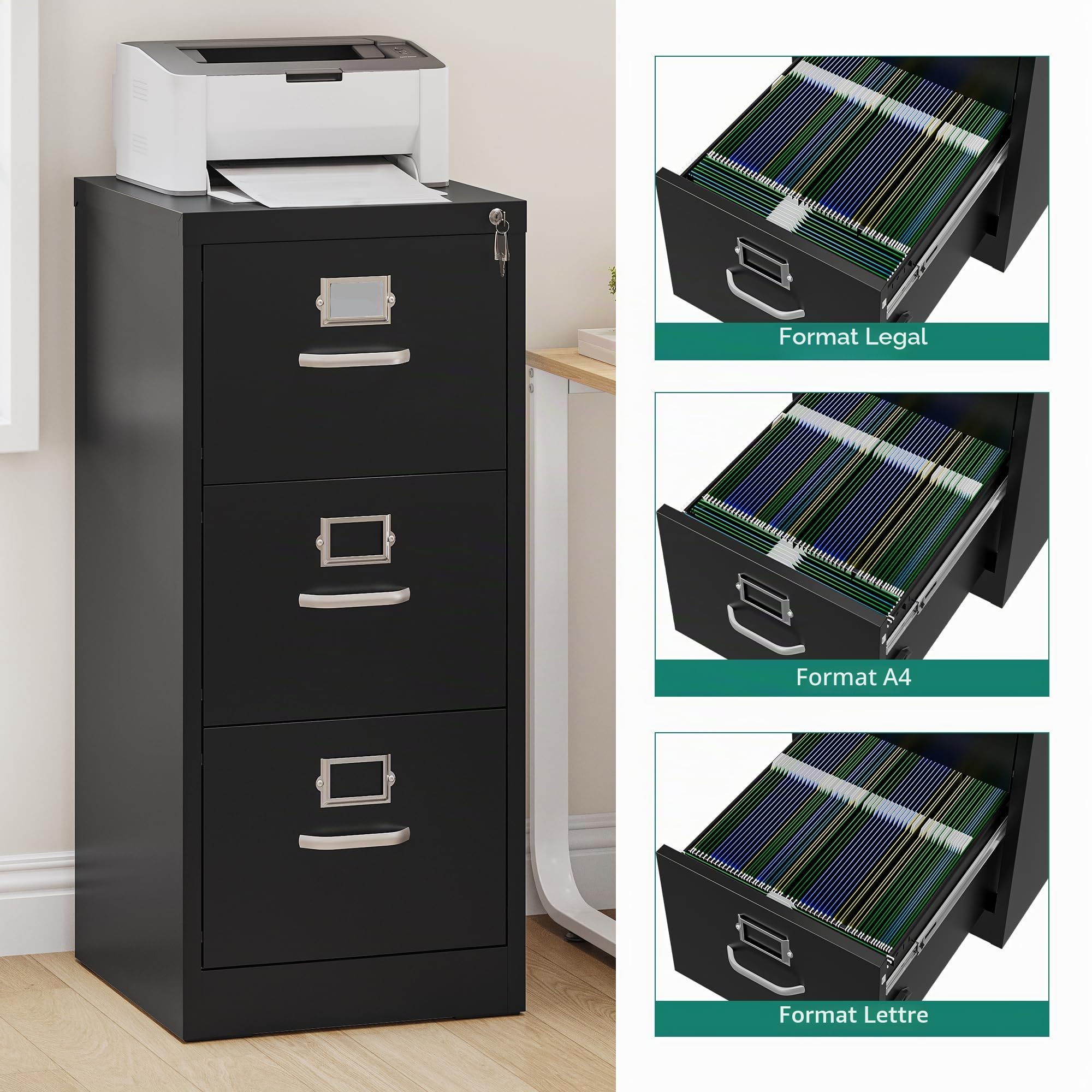 YITAHOME Armoire de classement verrouillable, armoires métalliques à classement avec 3 tiroirs pour A4, Legal, Letter, armoire de bureau anti-inclinaison avec fente pour cartes mémos, bureau à domicil