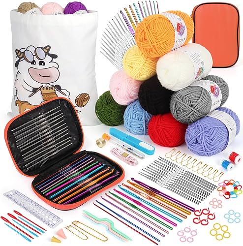 Aeeque Kit de ganchillo para adultos principiantes, kit de iniciación de ganchillo de 111 piezas con hilo de 10 colores, ganchos de ganchillo de