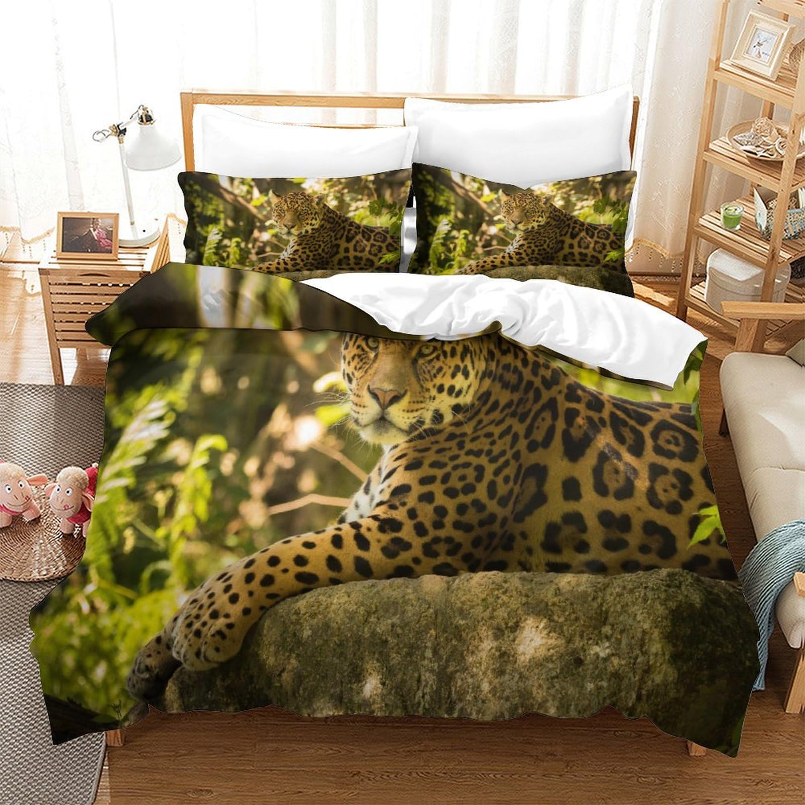 P1s9u7w5y Jaguar-4 Wild Jungle 3D Printed Leopard Duvet Cover Set 3Pcs Microfiber Animal Bedding Set Double（200X200cm）