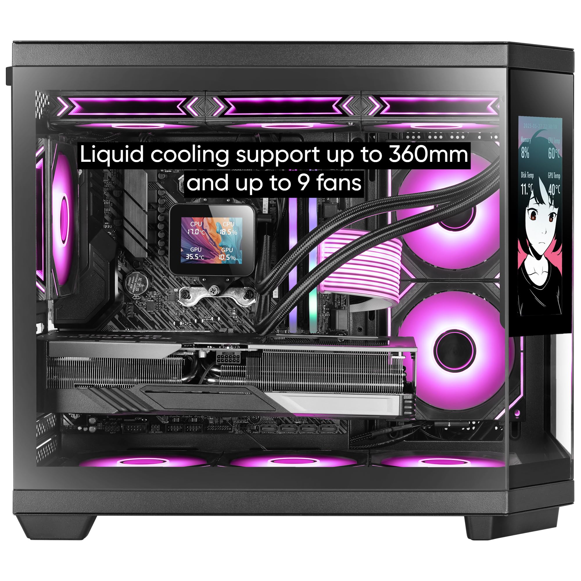 Mars Gaming MC-3TCORELCDM Obudowa Gaming Micro-ATX, Personalizowany ekran IPS 7,2”, Potrójne szkło hartowane, Podwójna boczna komora, Obsługa chłodzenia cieczą do 360mm, Czarny