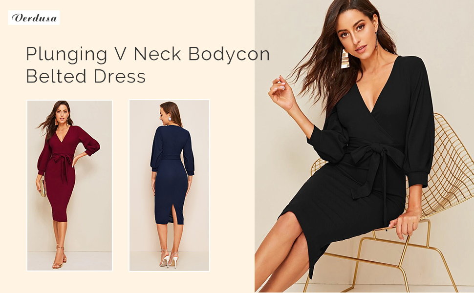 Verdusa Women's Wrap V Neck Long Sleeve Belted Formal Bodycon Dress - Image 7