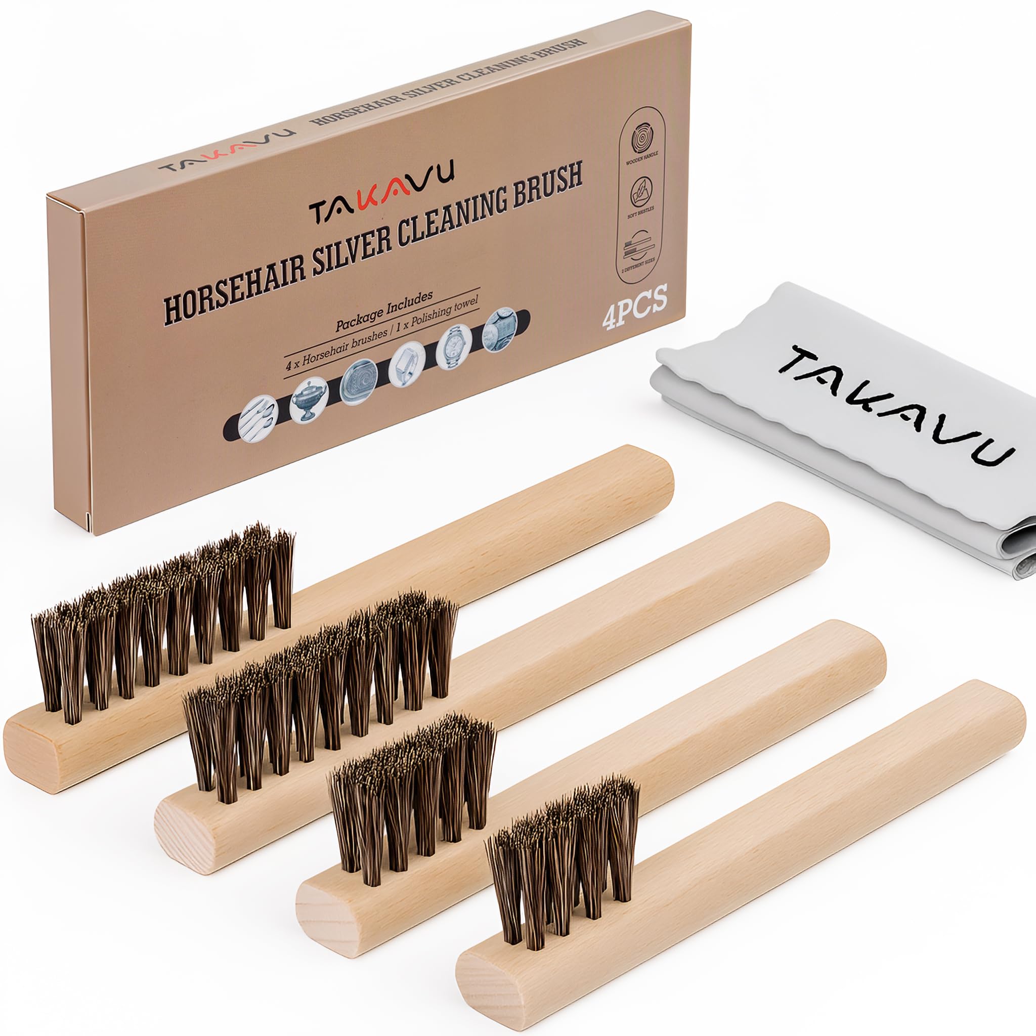 TAKAVU Horsehair Detail Brush Set, Silver Cleaning Brushes &amp; Polish Cloth for Silverware Plateware Jewelry
