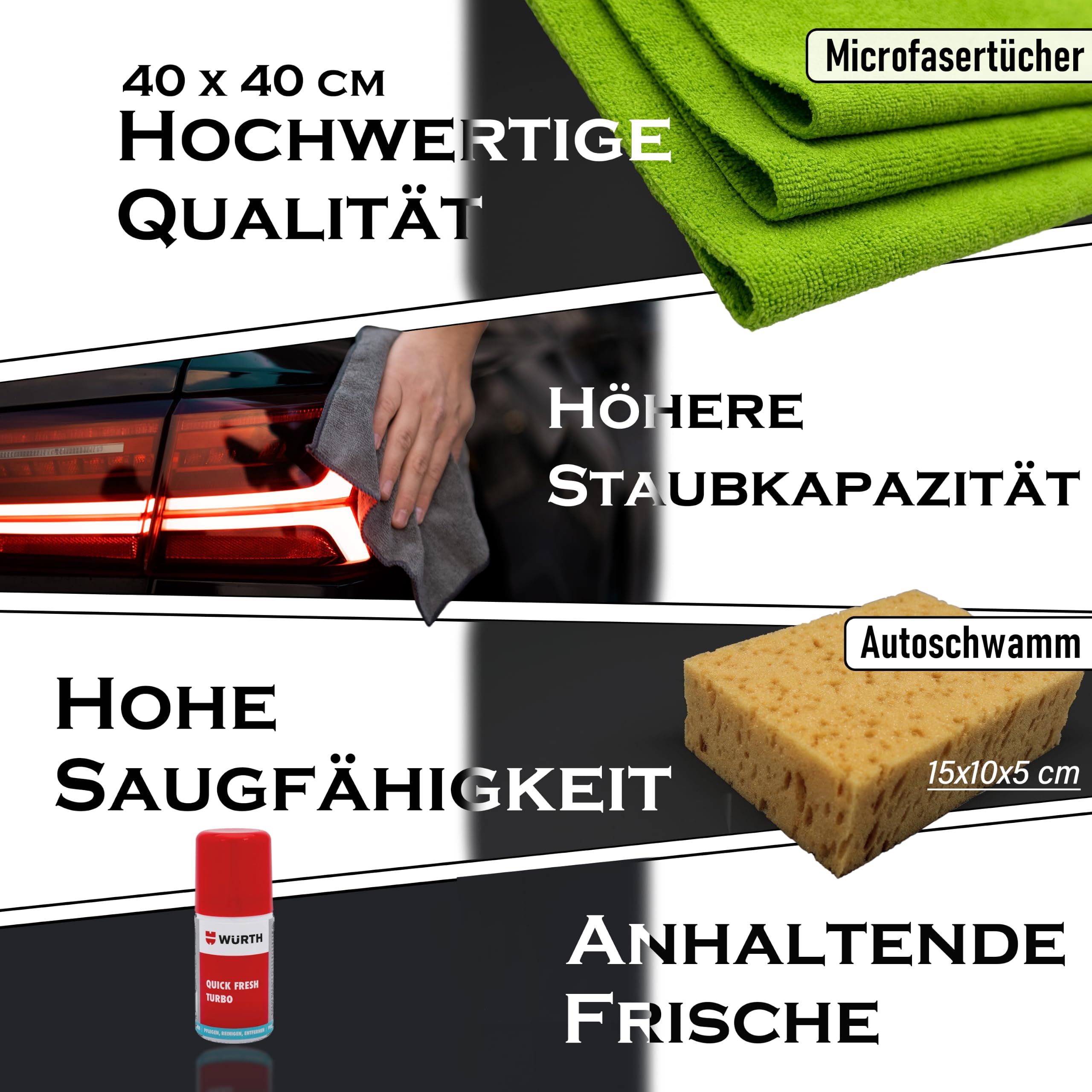 Auto Reinigungsset - und Pflegeset 13-teilig – Komplettset für Innen- & Außenpflege – Felgenreiniger, Insektenentferner, Cockpitpflege, Wash & Wax, Scheiben- & Polsterreiniger mit Zubehör