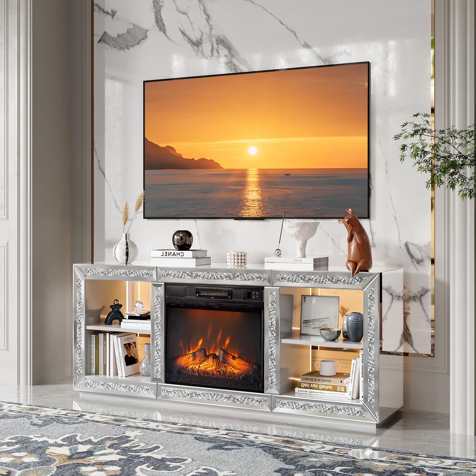 VINGLIMirrored Fireplace TV Stand for 70" TV, Diamond Entertainment Center with Shelves ＆ 20 Color LED Lights, Media Console Table with 18'' Electric Fireplace for Living Room/Bedroom (Assembled)