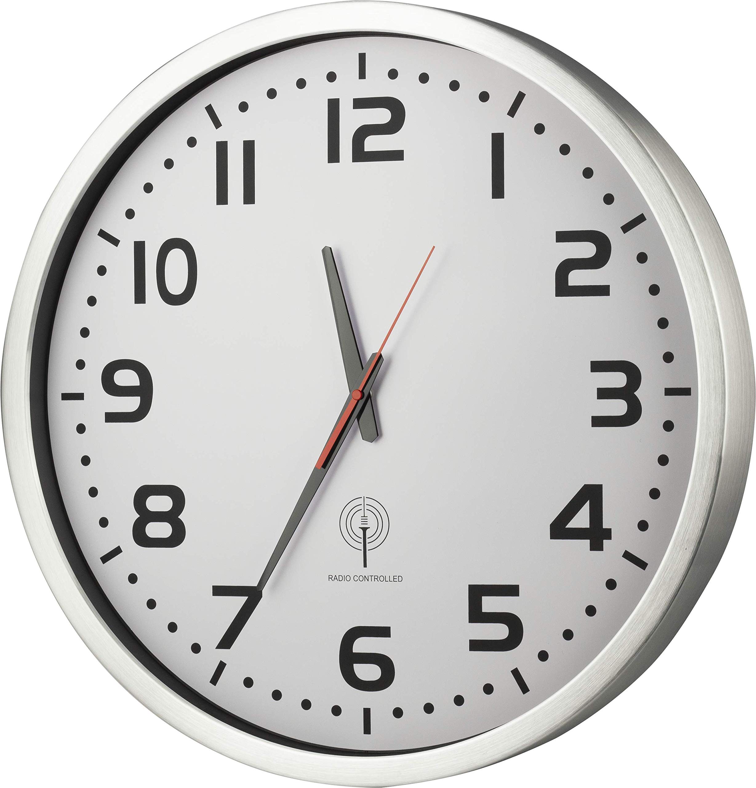 Eurotime Funkwanduhr, 50 cm mit Schrittsekunde, Silber, Aluminium, Echtglas, klares 12-Zahlen-Zifferblatt, automatische Zeitein- und Zeitumstellung, für Wohnbereich oder Büro, nur für Innen, 56863-07