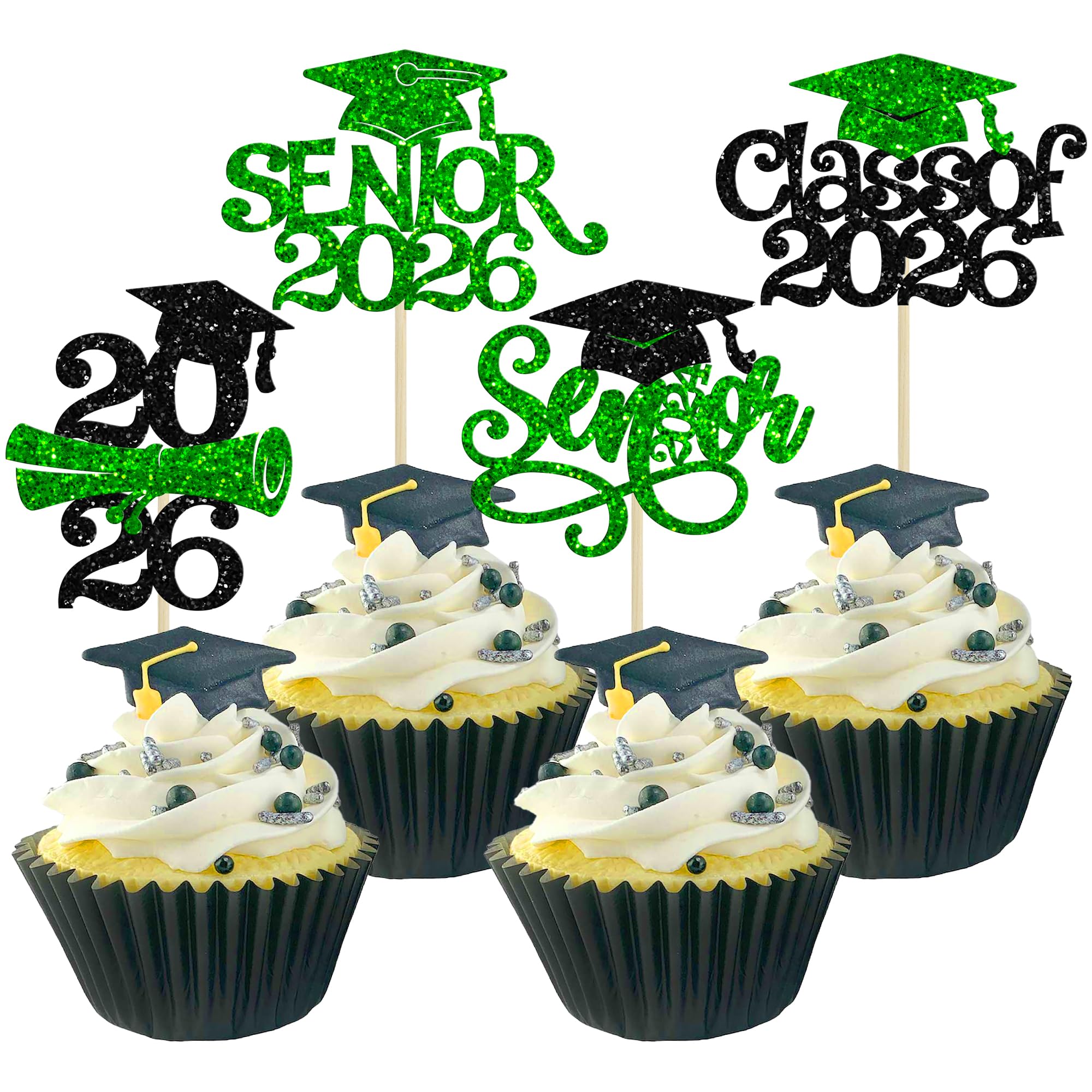 Gyufise 24Pcs 2026 Senior Graduation Cupcake Toppers with Glitter Class of 2026 Cupcake Picks Senior 2026 Cupcake Decorations for Graduation Theme Party Supplies Green