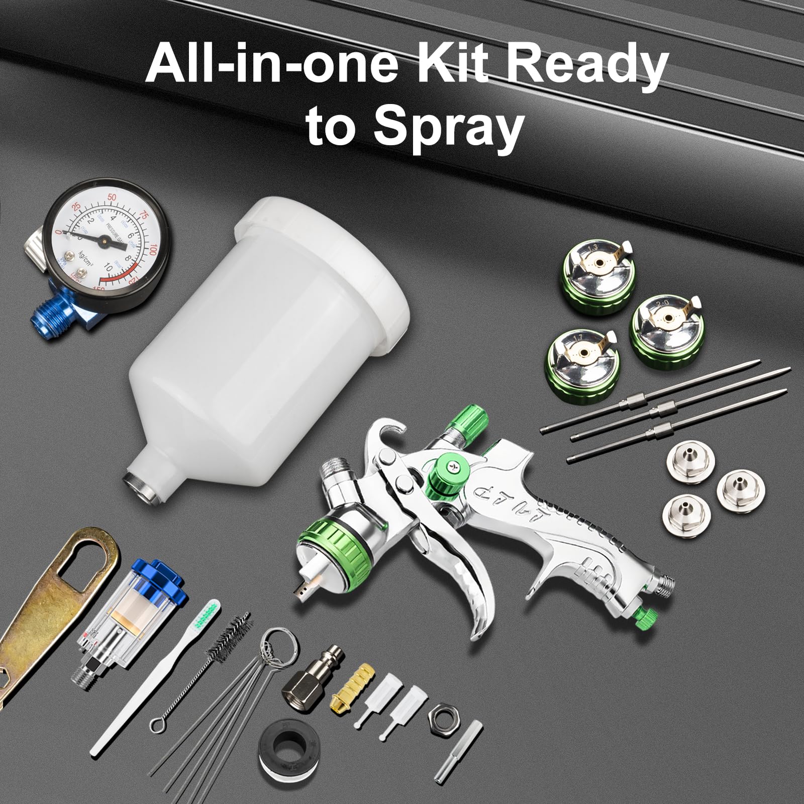 Kit pistola a spruzzo LVLP Premium con ugello da 1,3/1,7/2,0 mm e regolatore di pressione, pistola a spruzzo per verniciatura auto LVLP, pistola a spruzzo per verniciatura automobilistica
