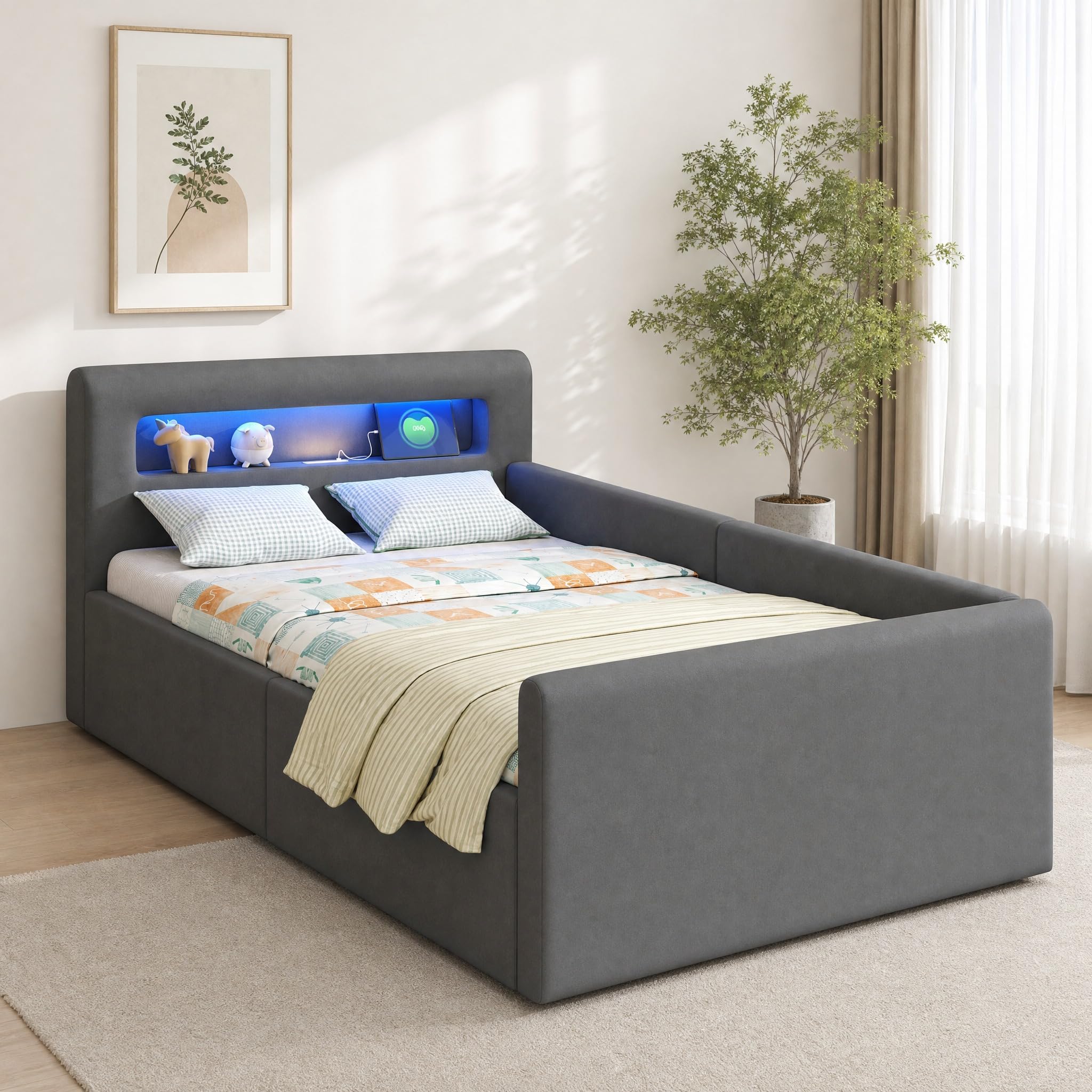 okwish Kinderbett 90x200 Polsterbett mit LED, USB & Bettkasten, Dunkelgrau | Bett 90x200 mit Bettgestell & Lattenrost, aus Samt, ohne Matratze, für Einzelbett, Jugendbett & Stauraumbett