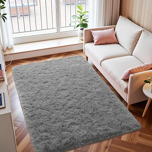 Macgace Alfombras esponjosas para decoración de dormitorio, alfombra de pelo largo gris de 3 x 5 pies con puntos antideslizantes para sala de estar,