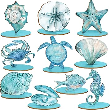 Threehoney 10 Pcs Ocean Wood Table Sign Under The Sea Wooden Beach Table Decor Sea Animal Coastal Beach Centerpiece Nautical Block Summer Decoration for Home Party SuppliesClassic Style