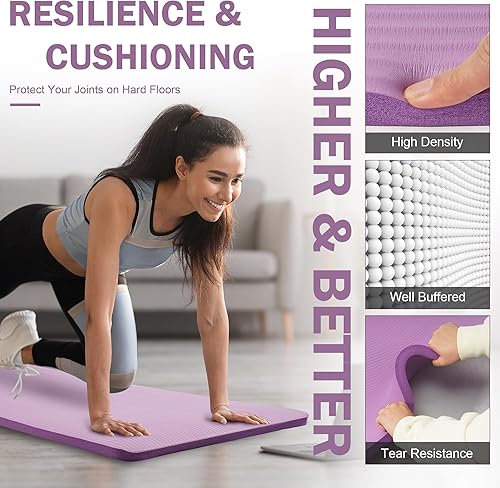 Miniatura 4 de BalanceFrom Tapete de yoga extra grueso de alta densidad de 1 pulgada con superficie antideslizante y correa de transporte, morado taro